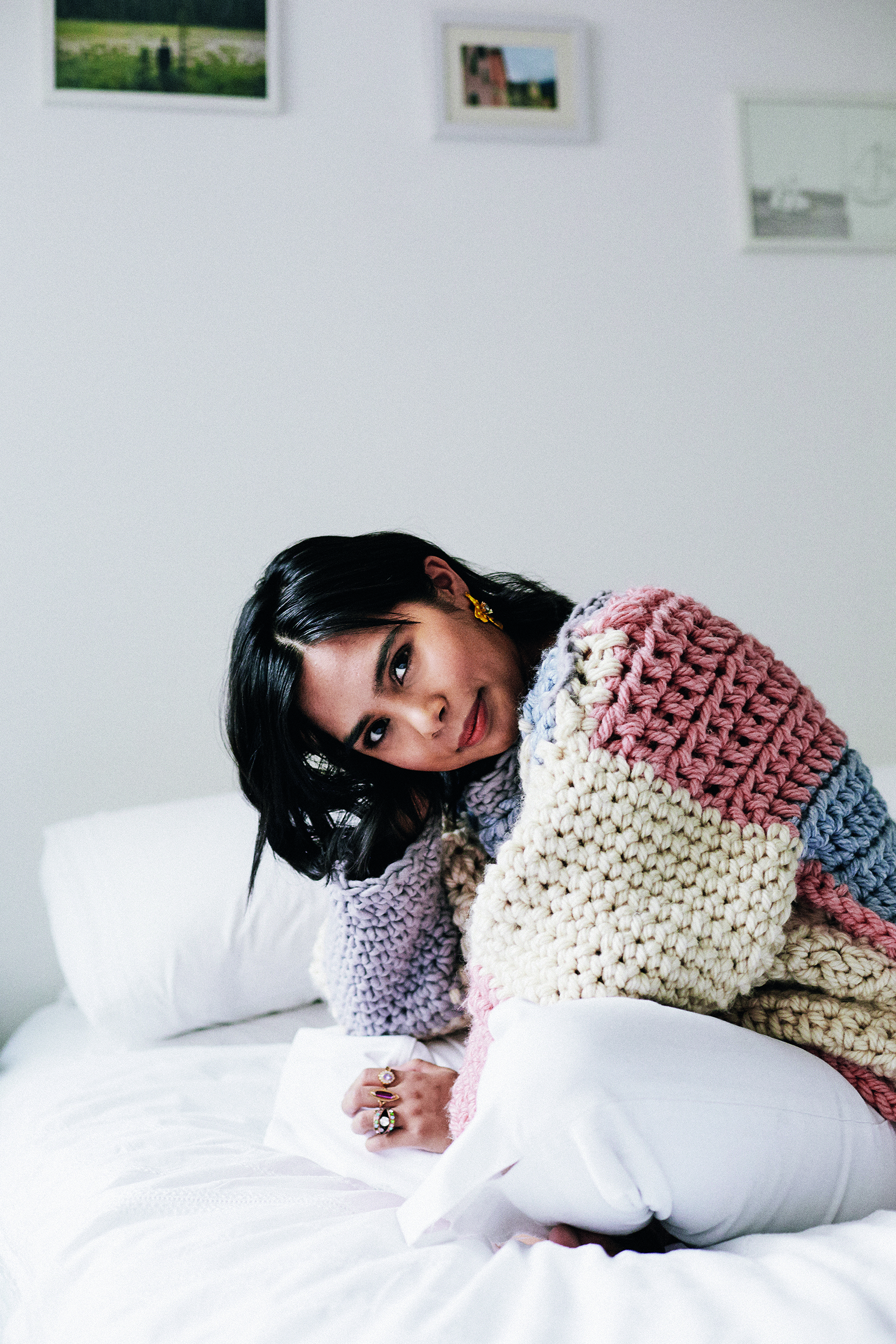 TAHMINA WEARS: Jumper, £100, No Way Crochet; Jewels and jeans, Tahmina’s own Photos: Liz Seabrook / Styling: Rachel Caulfield / Hair and make-up: Alice Oliver