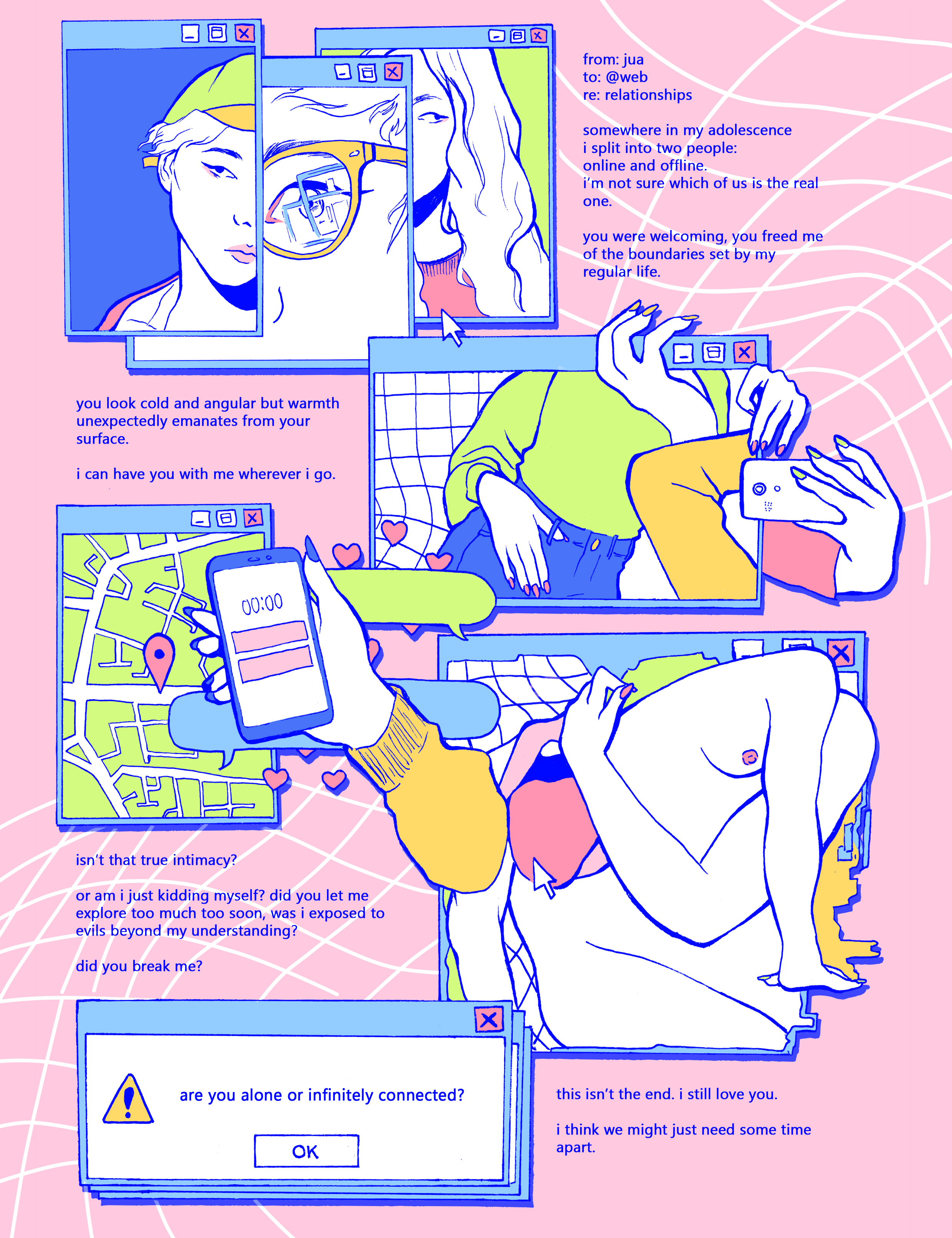 Illustration by our winner, Jua O'Kane  The one-page comic  Connection  deals with issues caused by growing up surrounded by technology and the impact this has on mental health, and perceptions of love, intimacy and sex