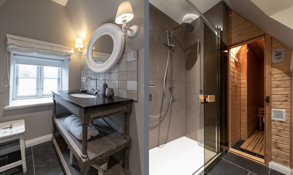 The elegant bathroom and sauna promise relaxation and comfort