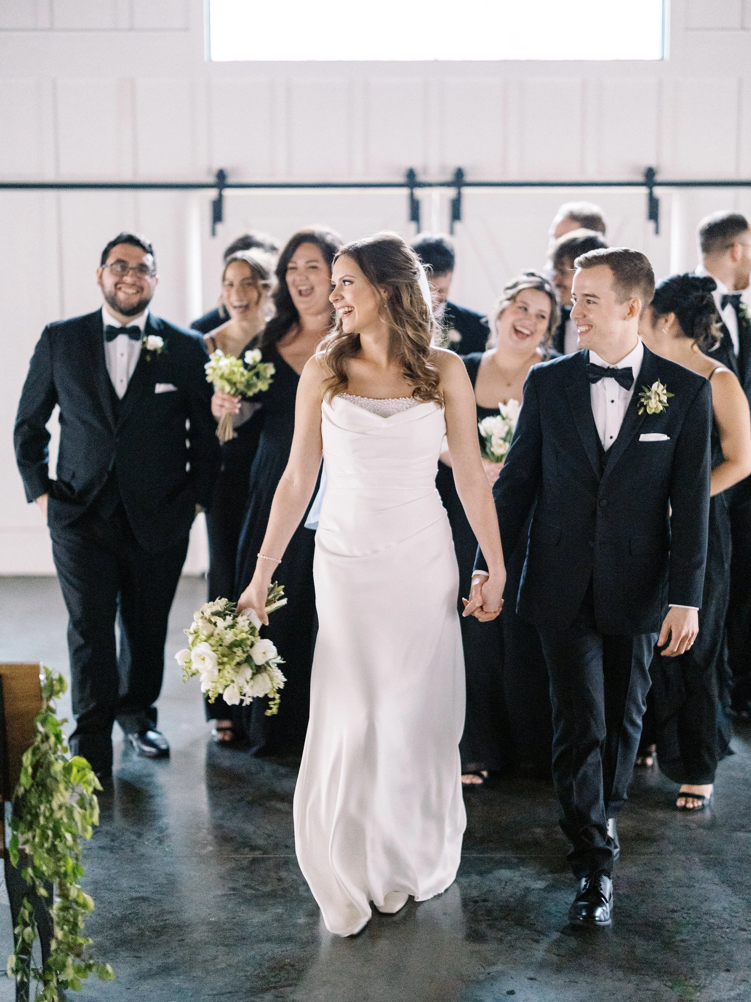 wedding party in white and black spring wedding