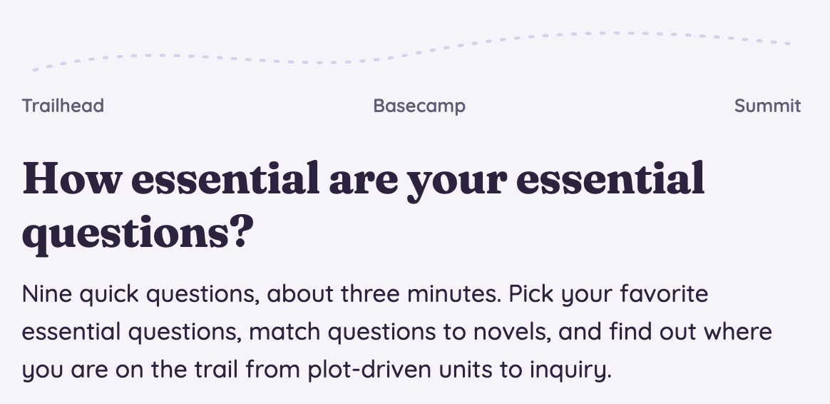 Web page with the title "How essential are your essential questions?" and sections labeled Trailhead, Basecamp, and Summit, describing a quiz activity about asking and matching questions to novels.