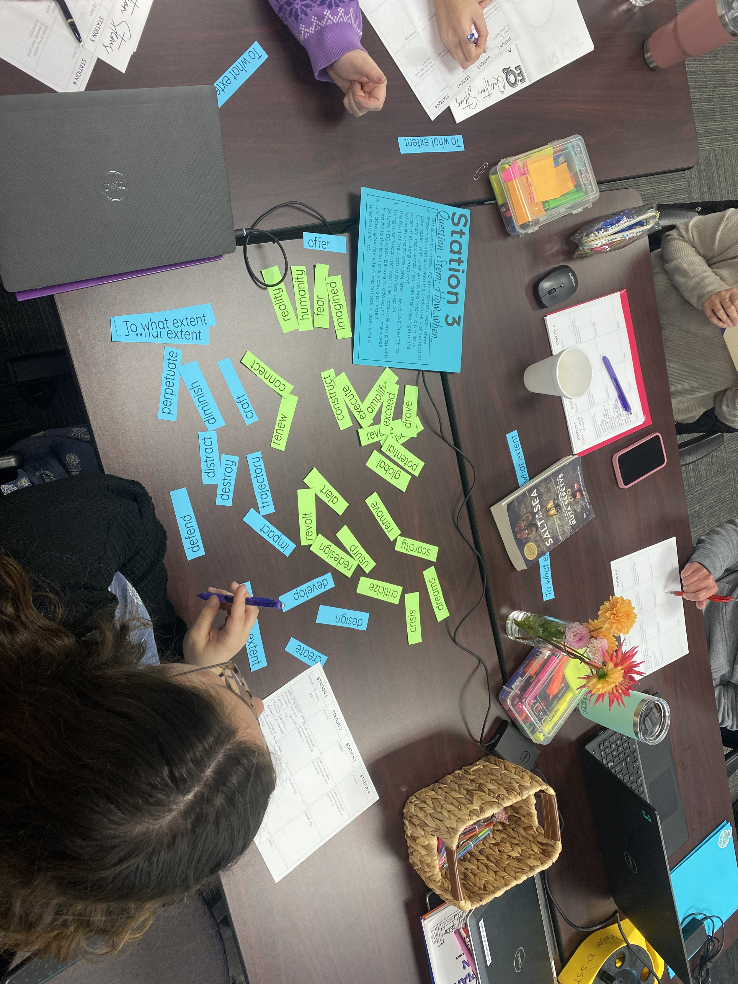 A bird's-eye view of people working at a table with colorful sticky notes, papers, laptops, pens, a basket of markers, and a flower arrangement.