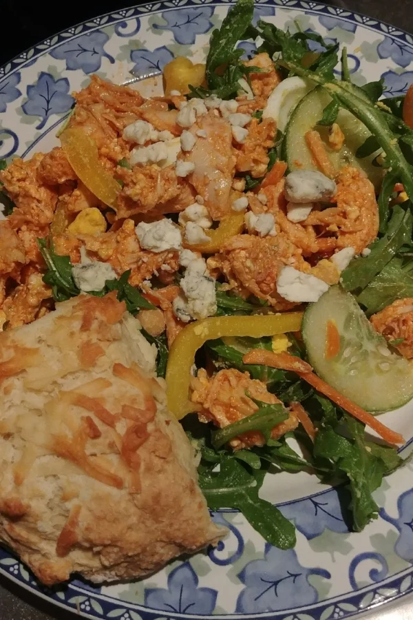 My delicious plate of buffalo chicken salad. This time I added some homemade Irish soda bread (yup, there's cheese on that). 