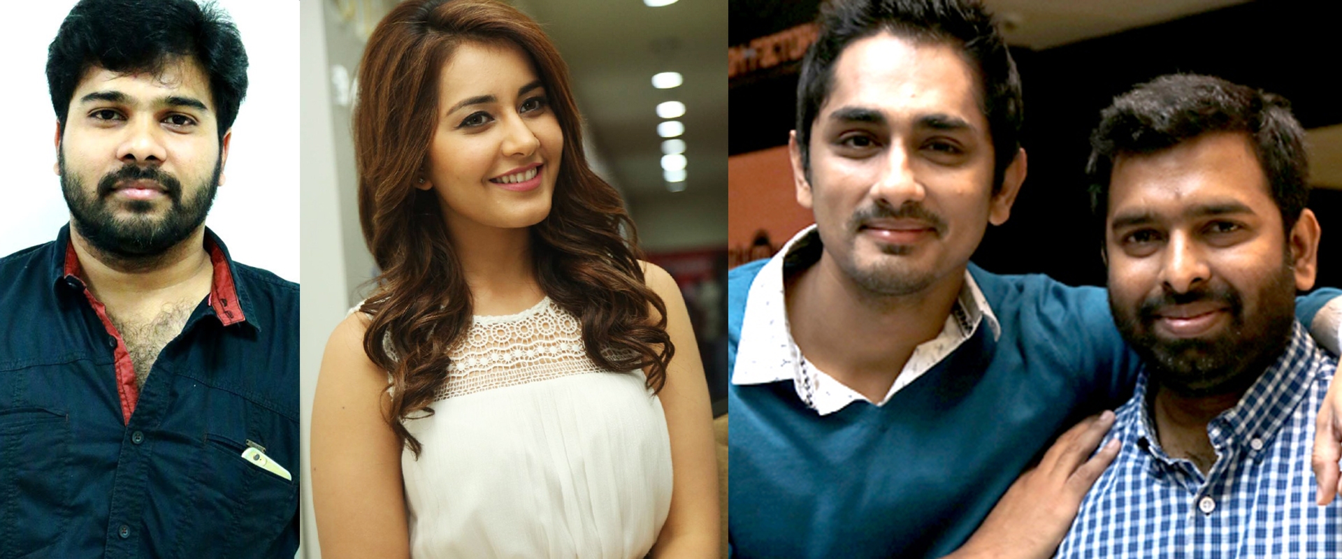 (From Left) - Director - Karthik G.Krish, Actors - Rashi Khanna, Siddarth and Composer Santosh Narayanan