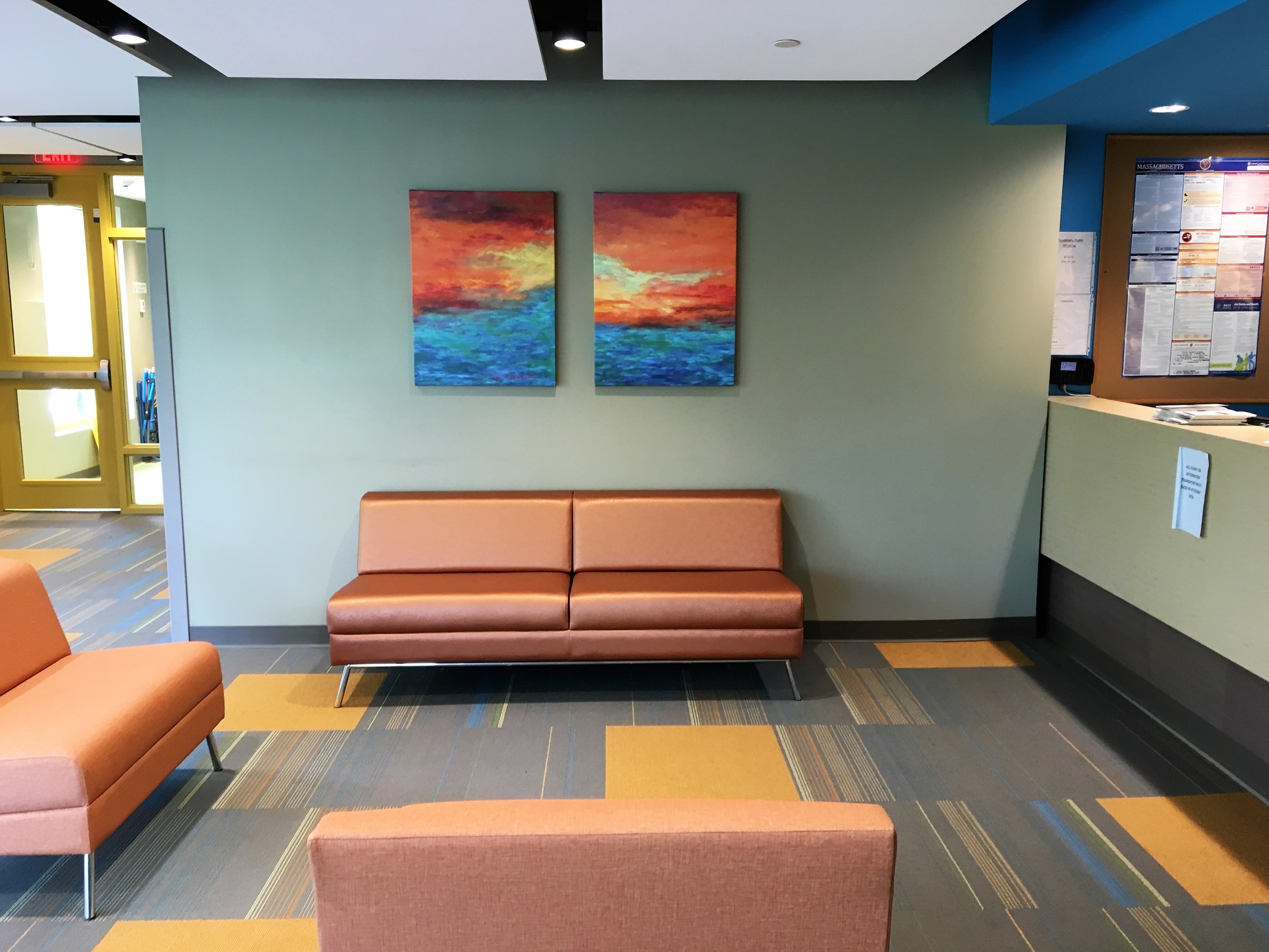 Lake Reflections II by Dickinson over WIND Linear Sofa in Spirograph Bittersweet Grade 9 Vinyl