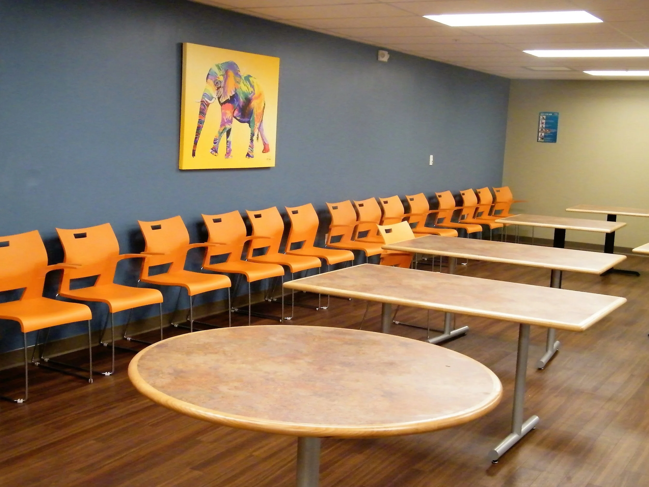 Laminate Top Wood Tables- Round With Round Base and Rectangular with T-Base 