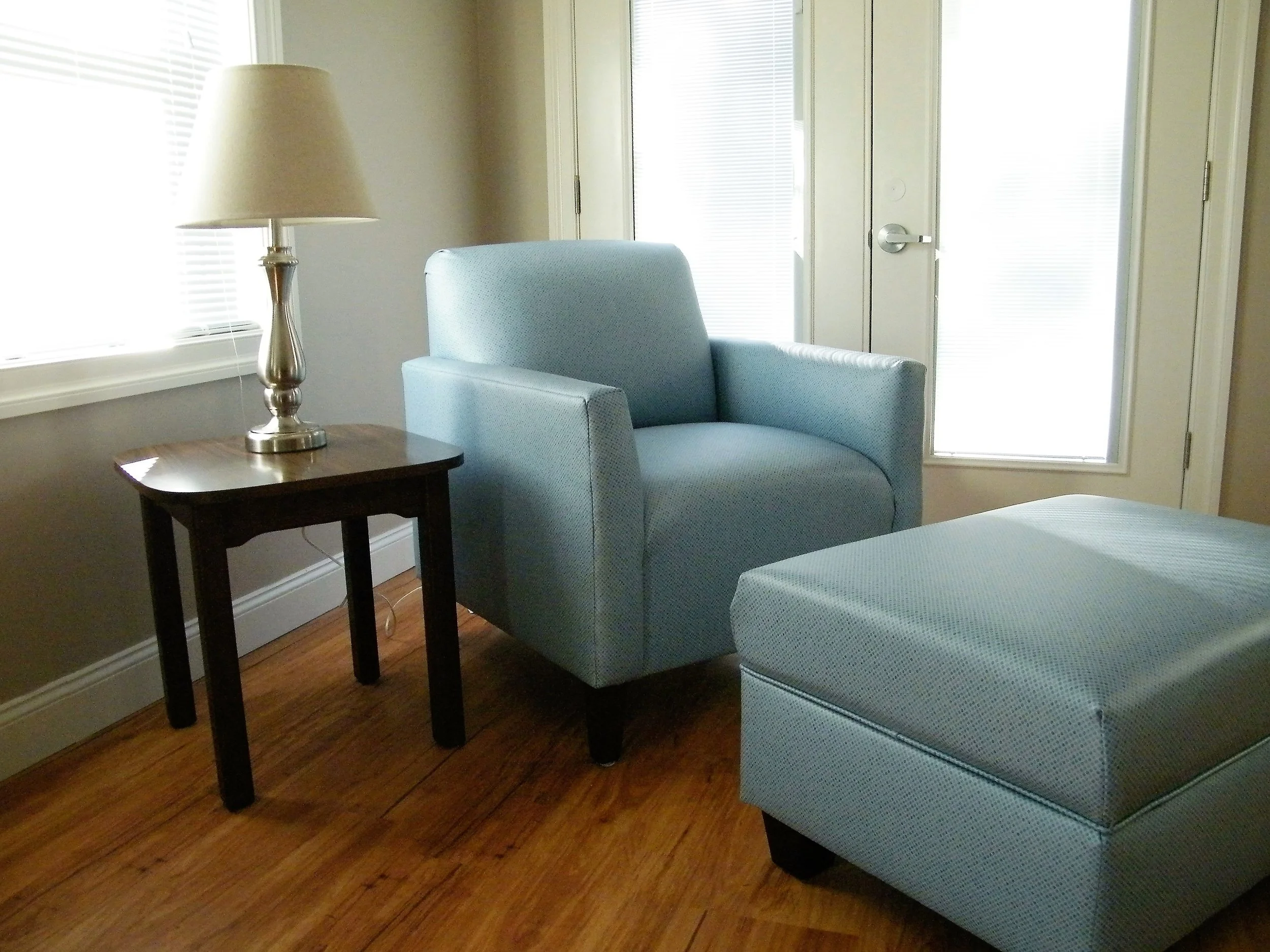 Larchmont Straight Arm Chair and Connections Storage Ottoman in Silvertex Taupe Vinyl