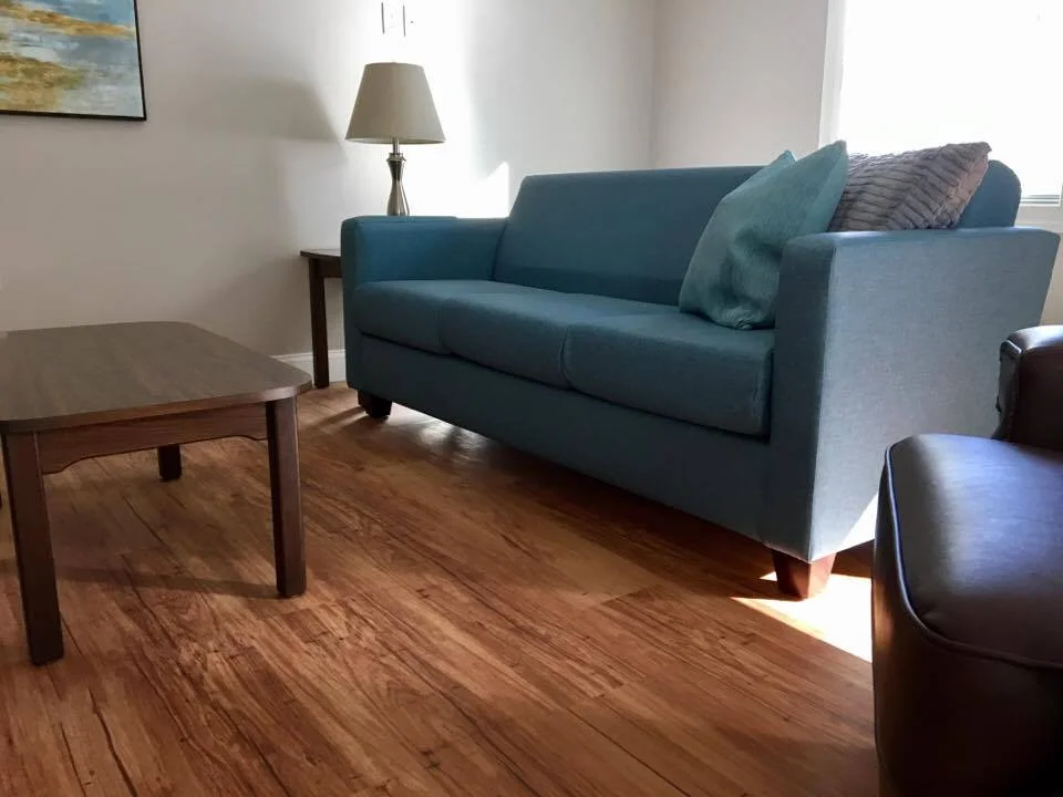 Connections Tight Back Sofa in Linen Marine Vinyl, Parsons Leg with Rounded Edge Coffee Table in Walnut
