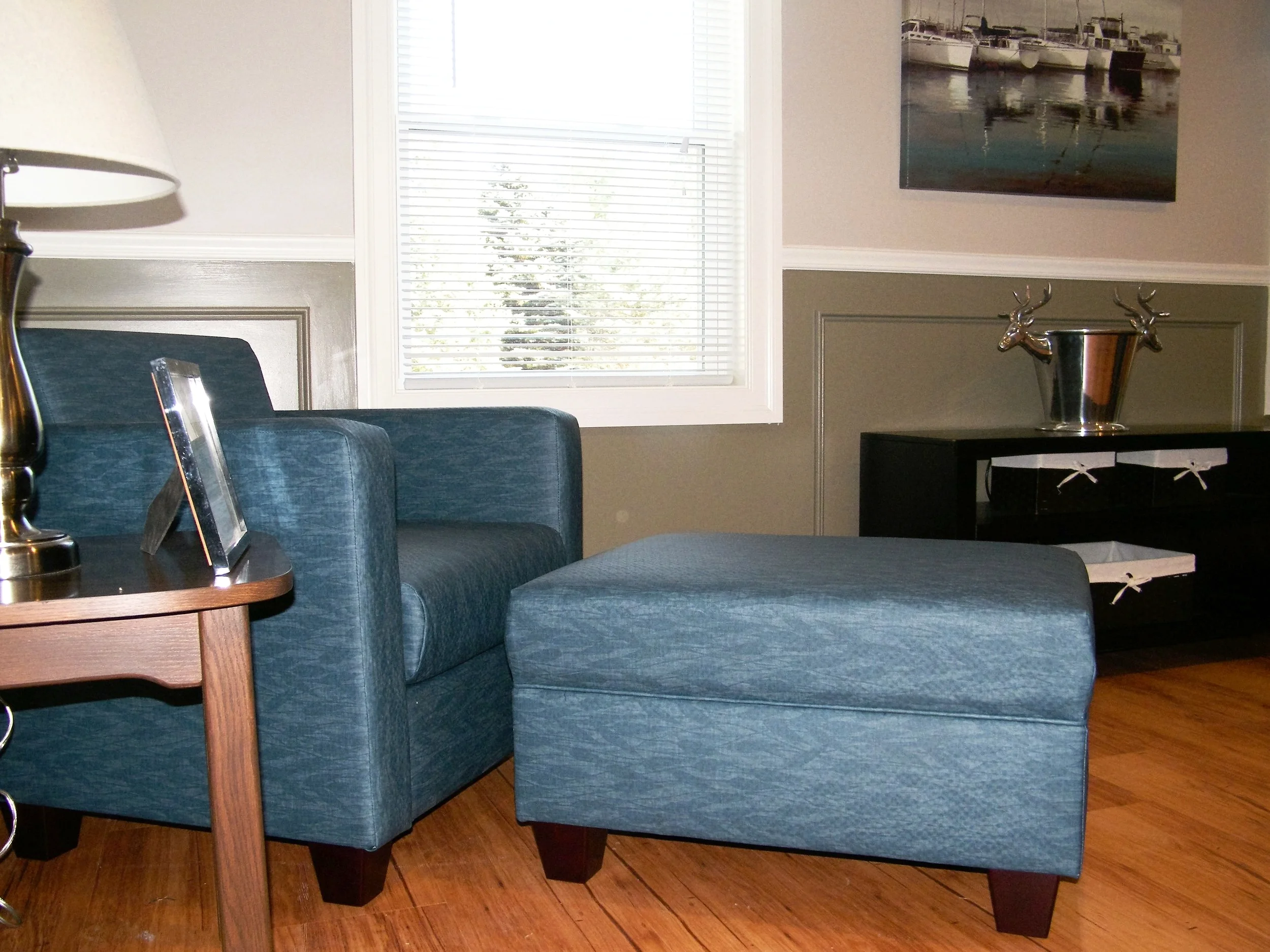 Connections Tight Back Chair and Storage Ottoman with Mahogany Feet