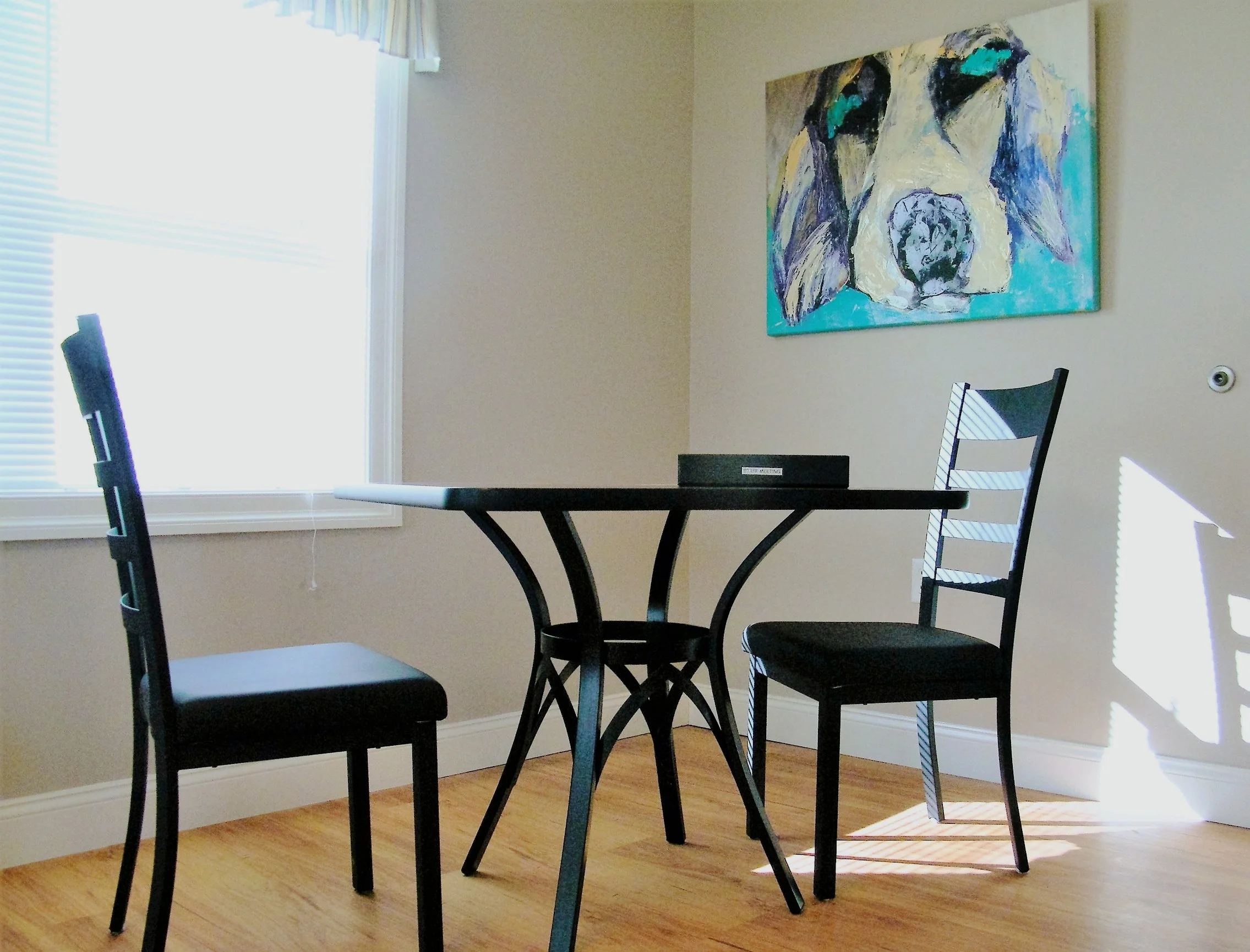 Diane Side Chair with Midnight Metal Finish and Padded Vinyl Seat in Ink, Hudson Forge Base Table