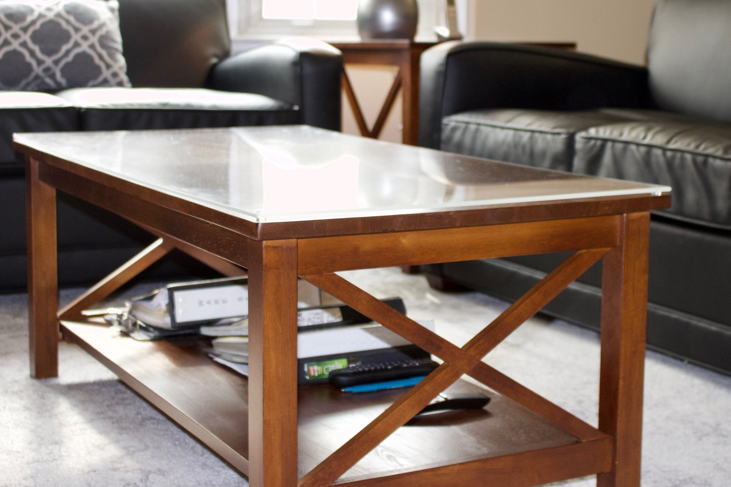 Crossings coffee table (Contract $273) with protective plexiglass topping