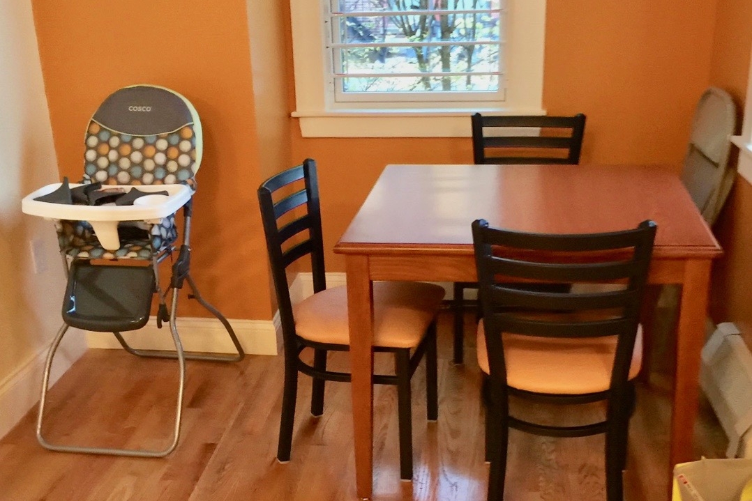 tuffy metal slat back side chair with padded seats and laminate top table with wood base