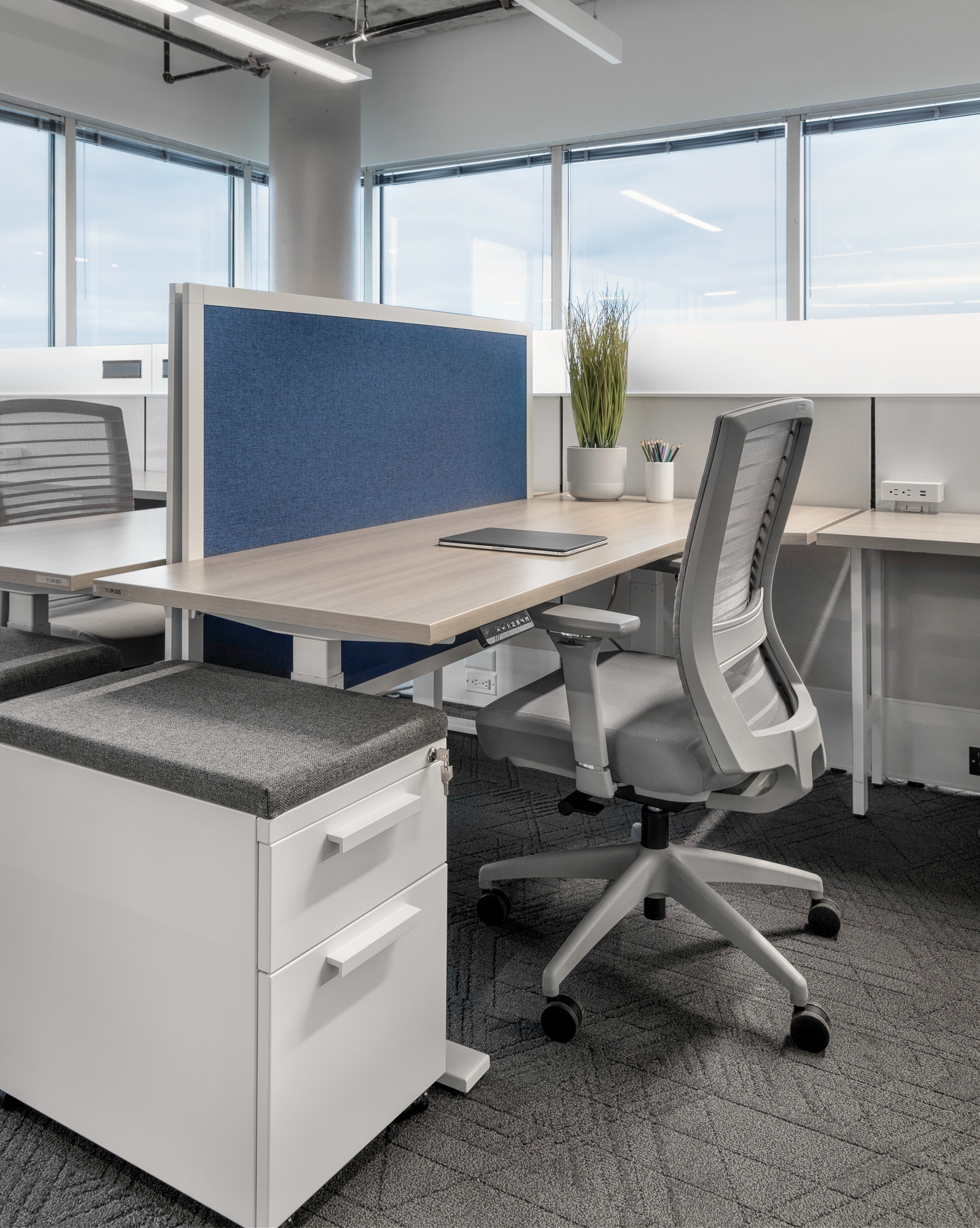 Hieght adjustable with privacy screens and L series storage, matrix panels and natick seating