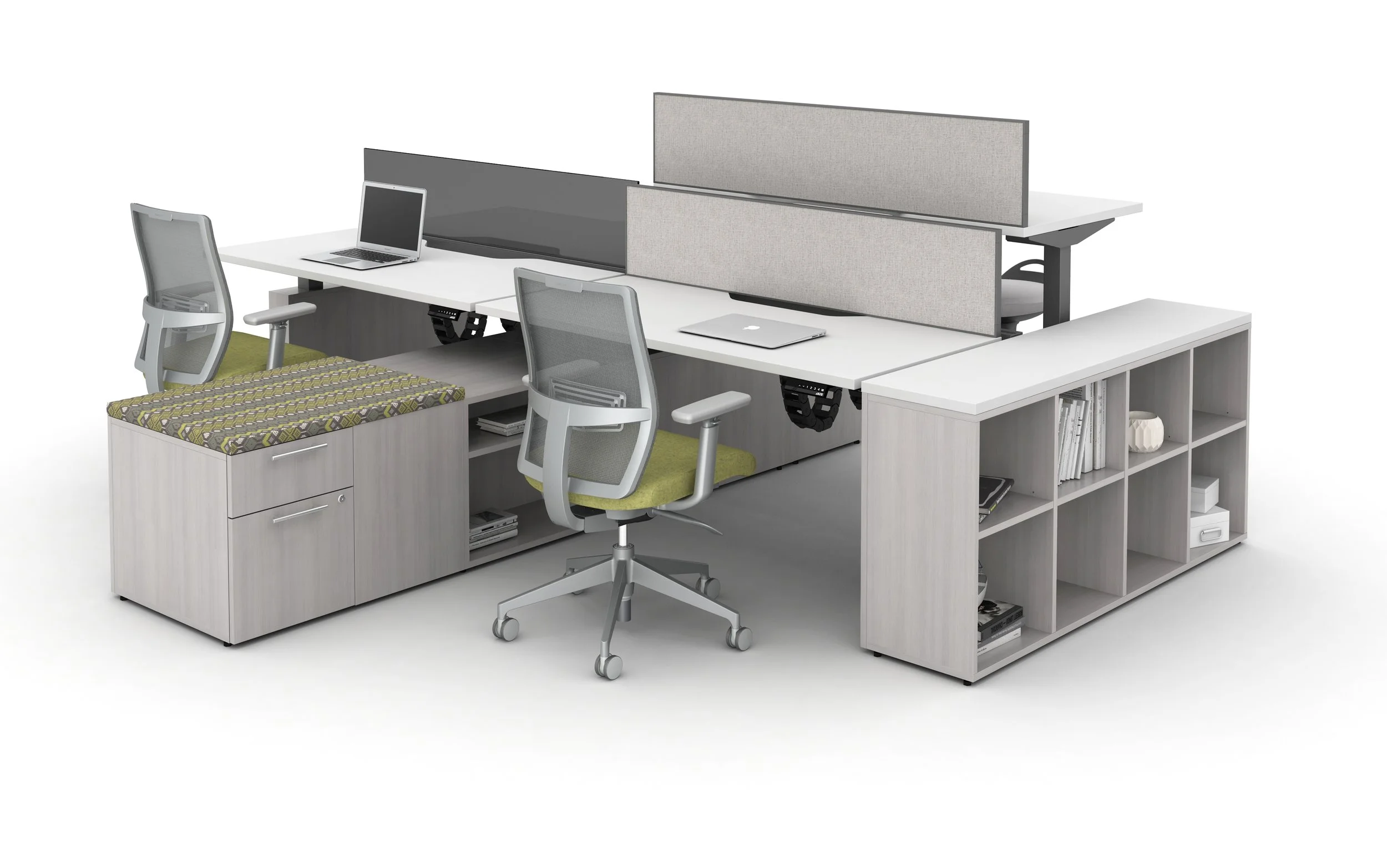 Aloft Height adjustable system with devens task seating and calibrate storage (quoting height adjustable desks across from each other)
