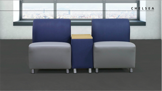 Moduform option for entry area seating - Chelsea with out arms. Chelsea is a AVAILABLE with a tablet or with a Matching end table. Available on casters and option for locking mechanism
