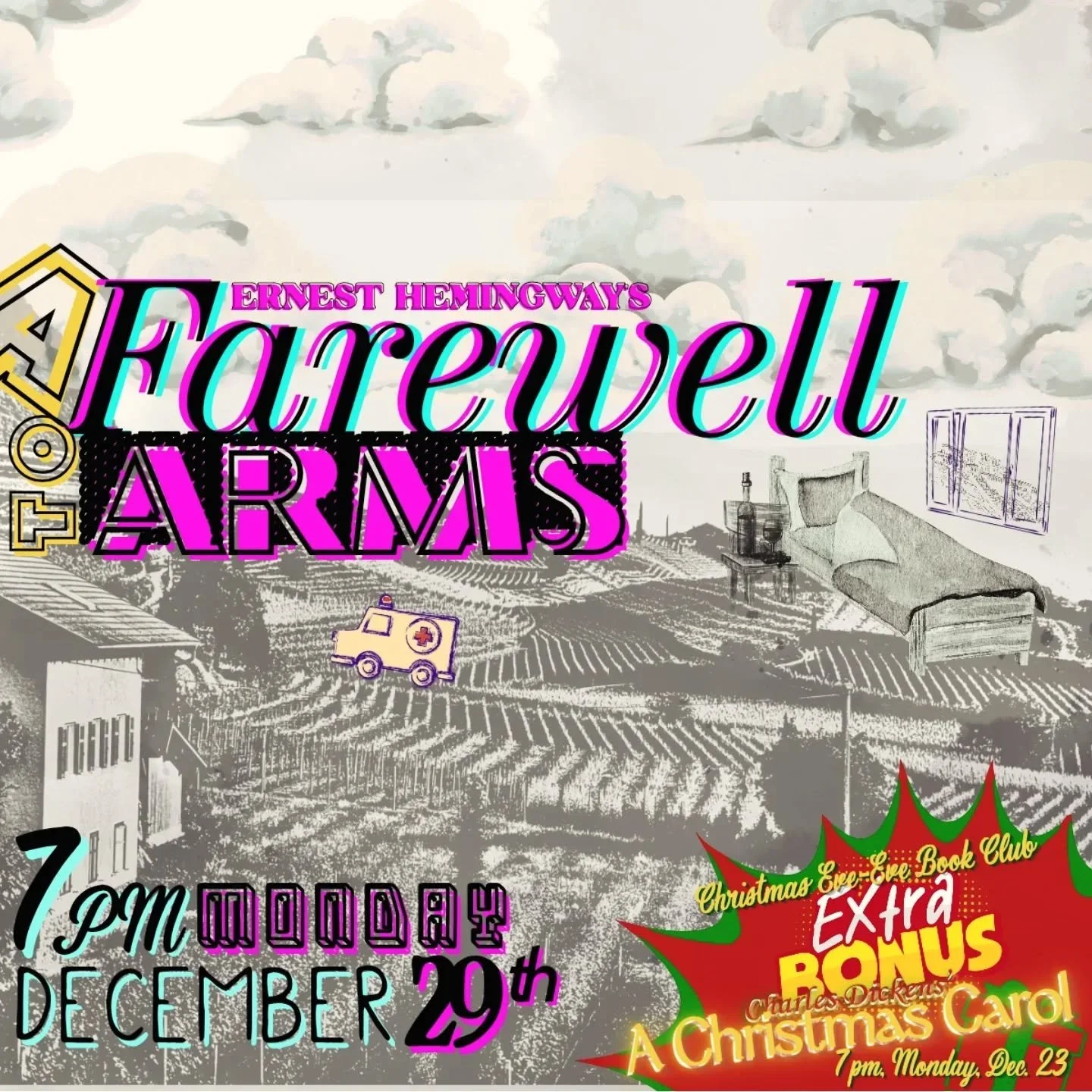 IT'S A CHRISTMAS CAREWELL TO ARMS! ( 🗣️@laurenmkaras )

My actual books may still be packed away but December's @wordsjustwannahavefun Book Club Pick&trade; needs to play!
---
This month is a terrible twofer as we break off (I think) our first Hemin