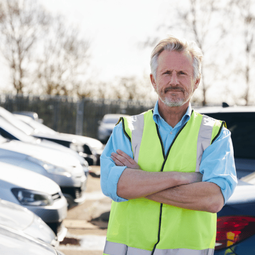 A parking site attendant keeping watch over cars parked in a lot.