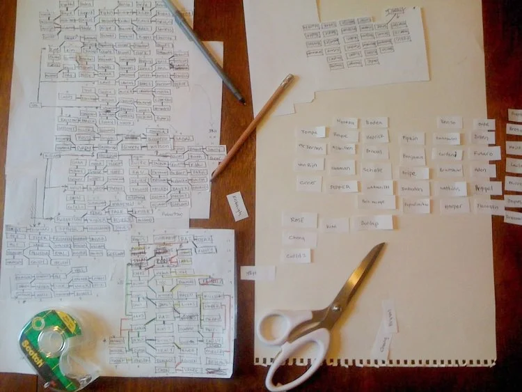 An early physical prototype of the exhibition map. Each slip of paper is the last name of a participating artist. 