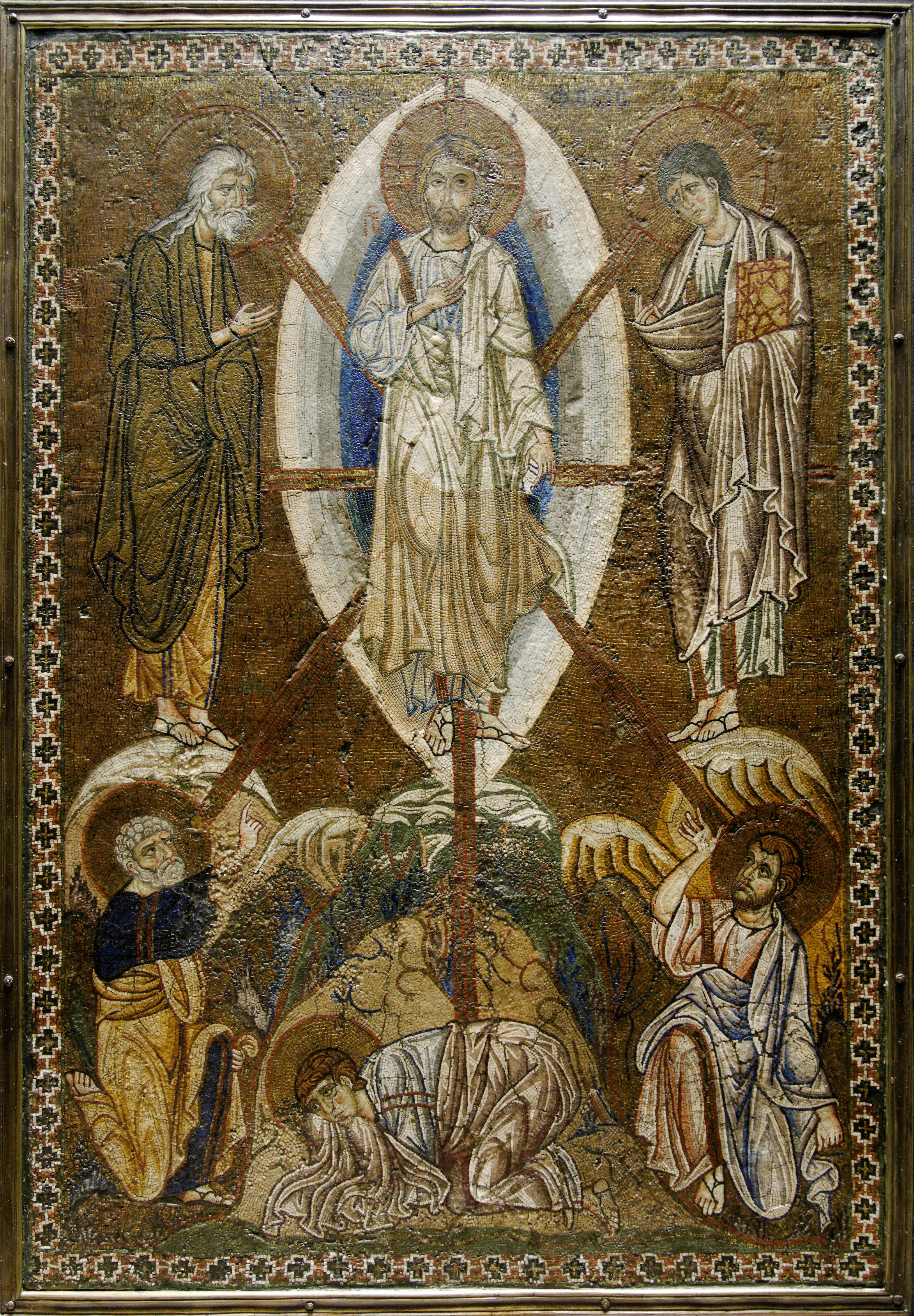 12th century Byzantine Icon, mosaic on stucco, of the Transfiguration of Christ.