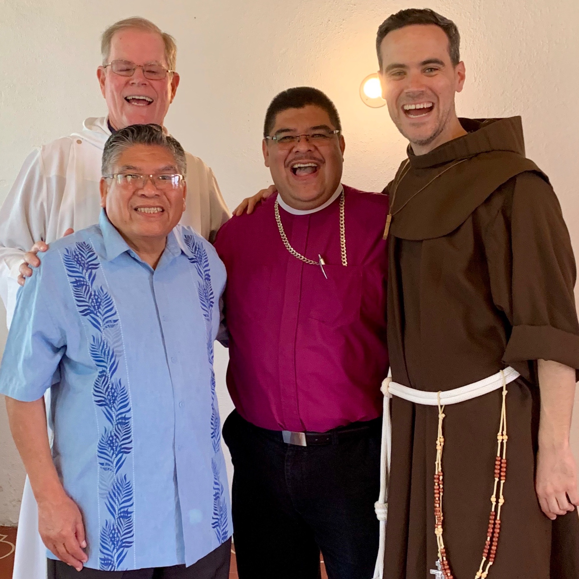 During the Episcopal Visitation to St. Albans Episcopal Church in Antigua, Guatemala. Left to right, Fr. John Smith, Vicar of St Albans Episcopal Church; Bishop Sylvestre Romero, ret. Bishop of Belize and former Assisting Bishop of New Jersey, to Bishop George Councell; Bishop Silvestre Romero, Bishop of Guatemala (and son of Bishop Sylvestre Romero).