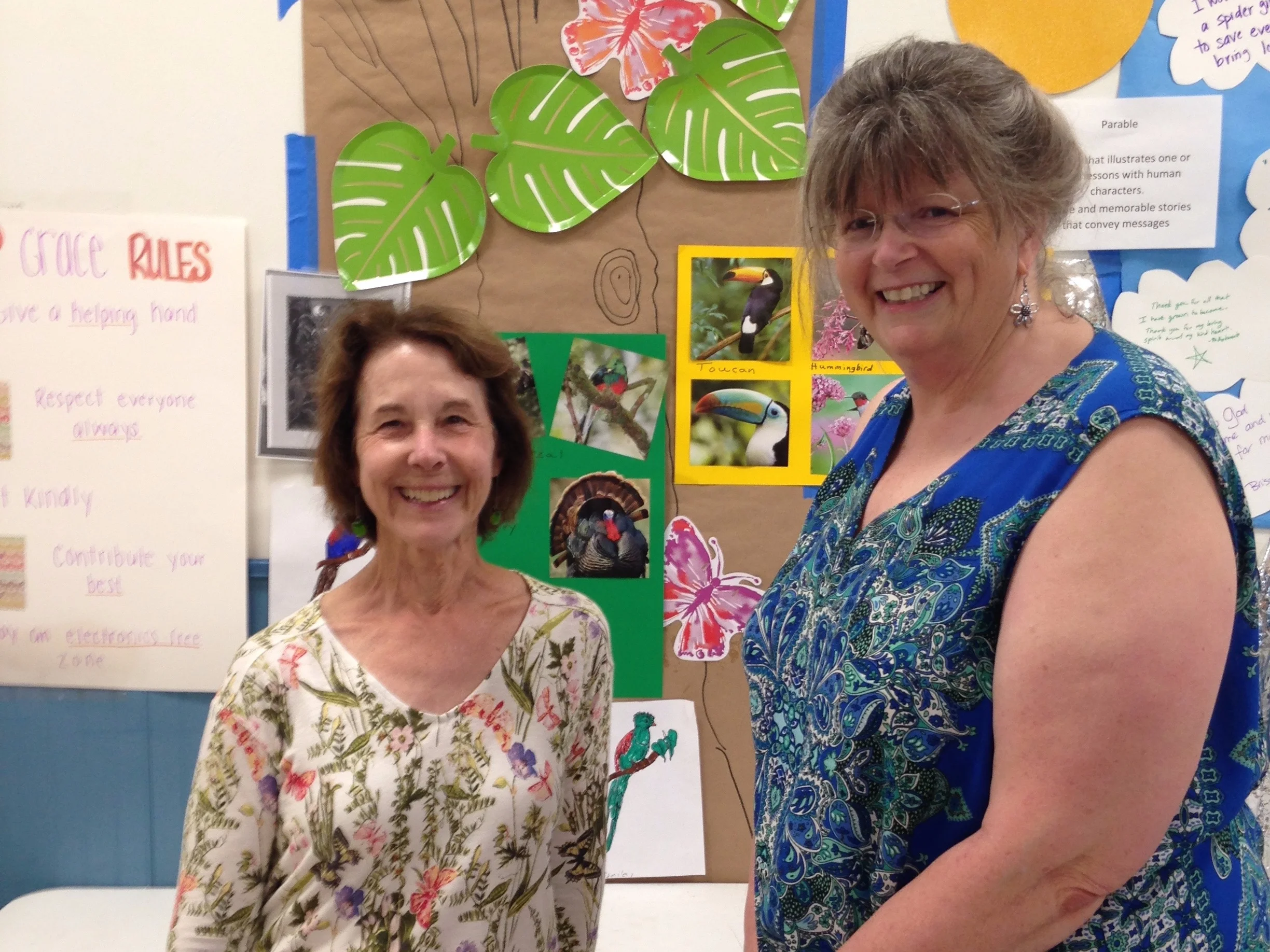 Martha Lashbrook with Melissa Mantz. Martha shared a great story about a quetzal bird who shared his beautiful feathers with his friend (a lesson about keeping our promises).