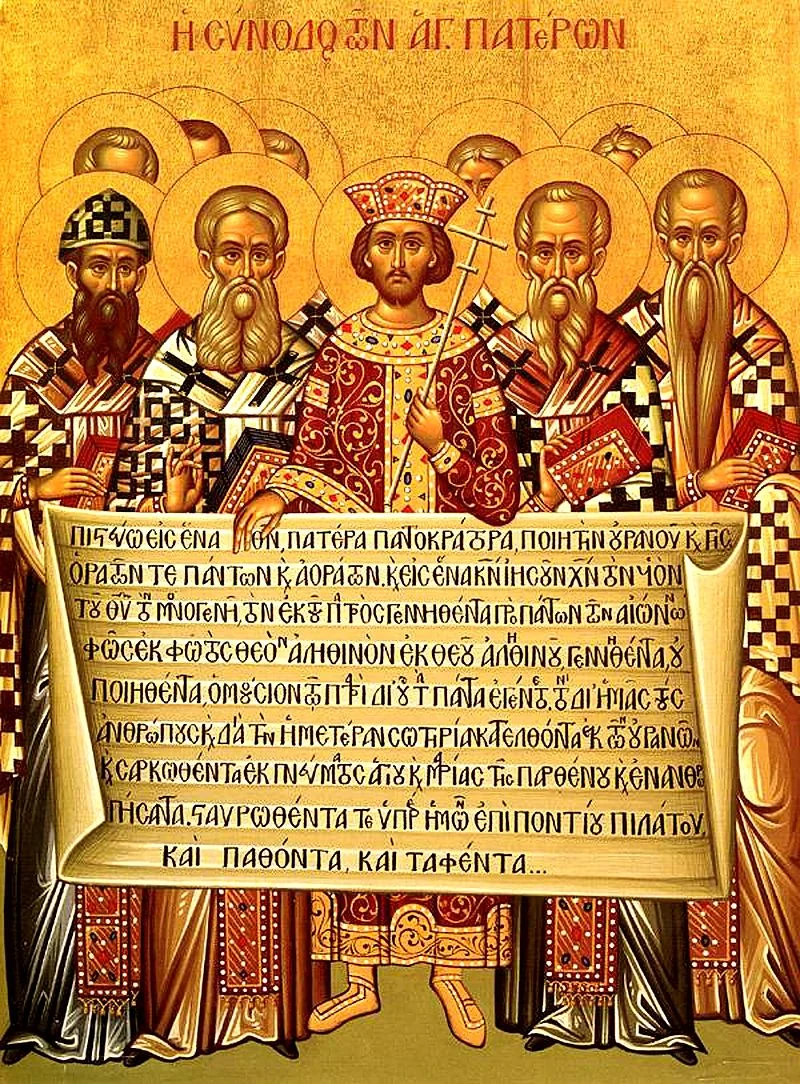 Icon depicting the Emperor Constantine and the bishops of the First Council of Nicaea (325) holding the Niceno–Constantinopolitan Creed of 381