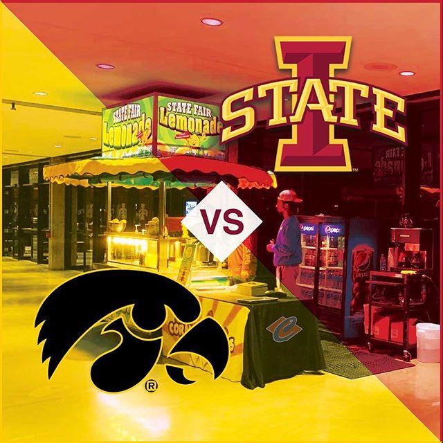 We will be at Hilton as soon as the doors open at 6, ready with Corndogs &amp; State Fair Lemonade! Who is everyone taking for the game? #housedivided #rivalryweek #cyclonenation #hawkeyes #corndogs