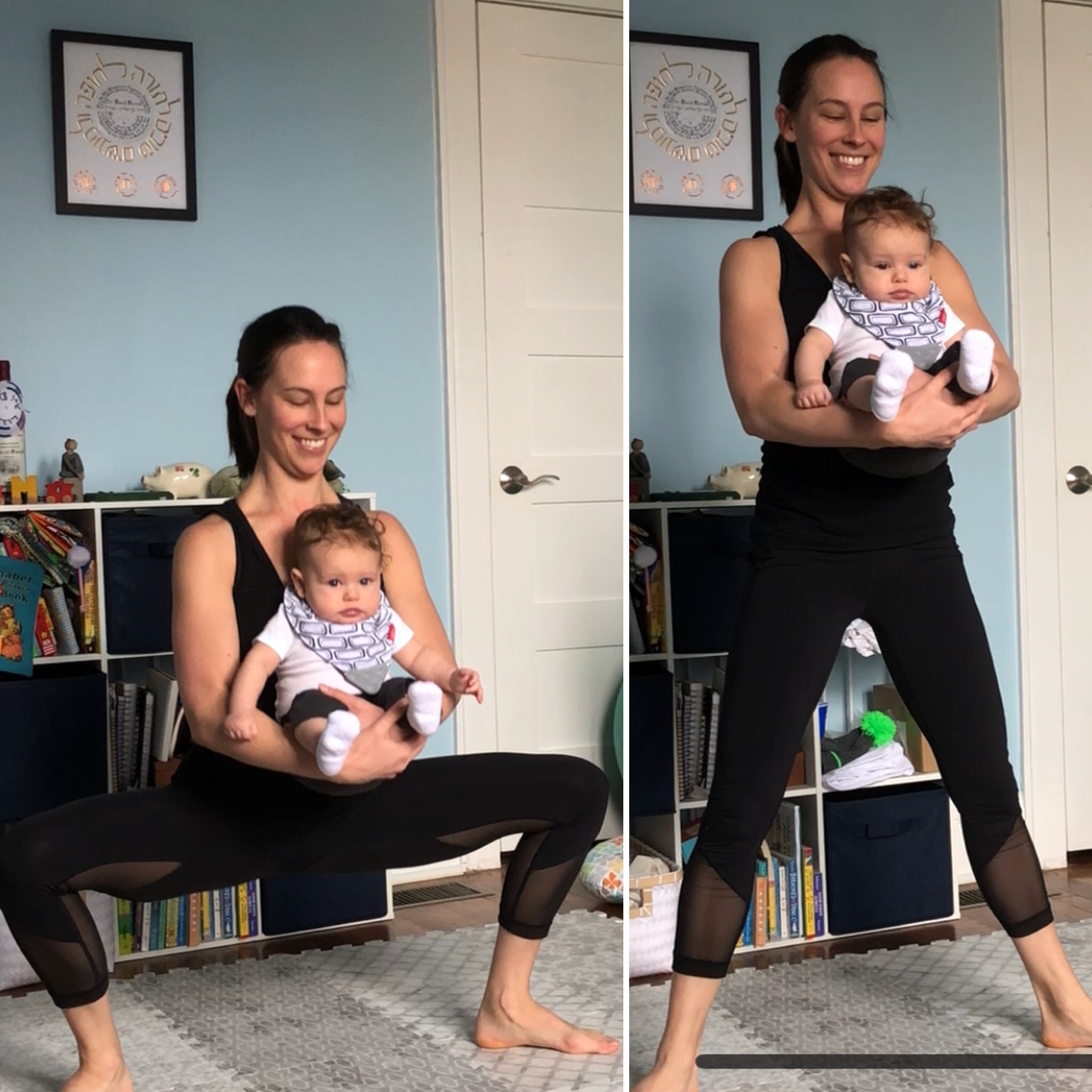 Start with the legs wider than the hips, toes pointing out, and the core engaged, bend into a squat pressing the knees out so they stay in line with your toes. Squeeze your glutes on the way up to stand.