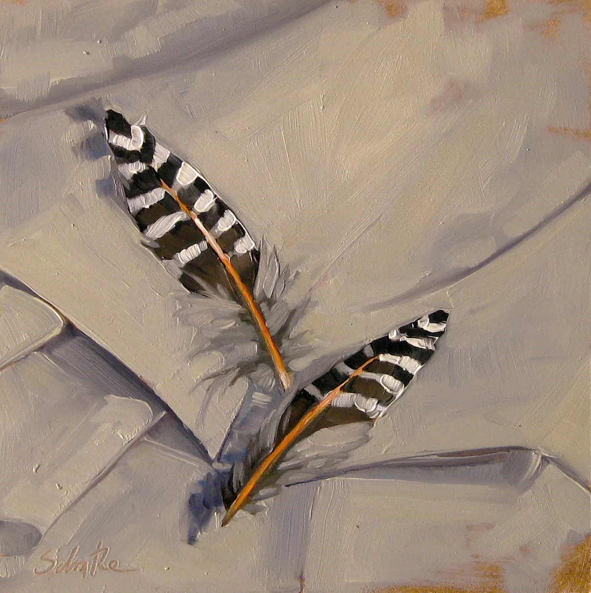 "Flicker Feathers", Oils on Gessobord, 6" x 6" SOLD