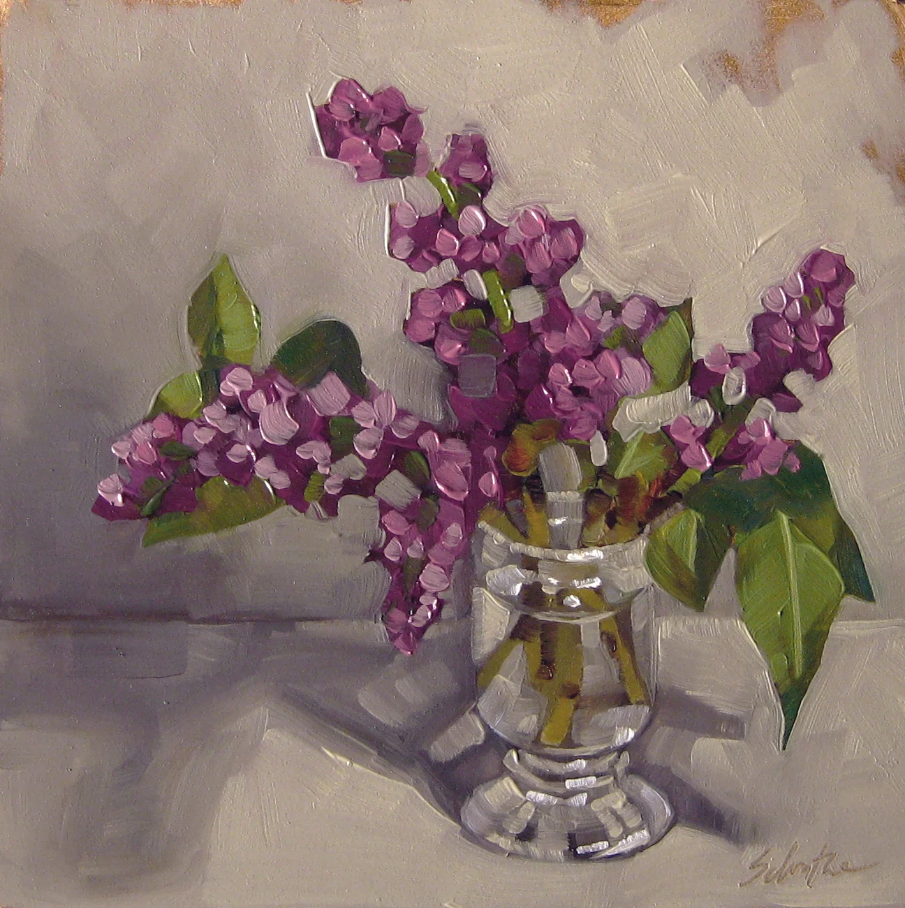 "Barely Blooming Lilacs", Oils on Gessobord, 6" x 6" SOLD