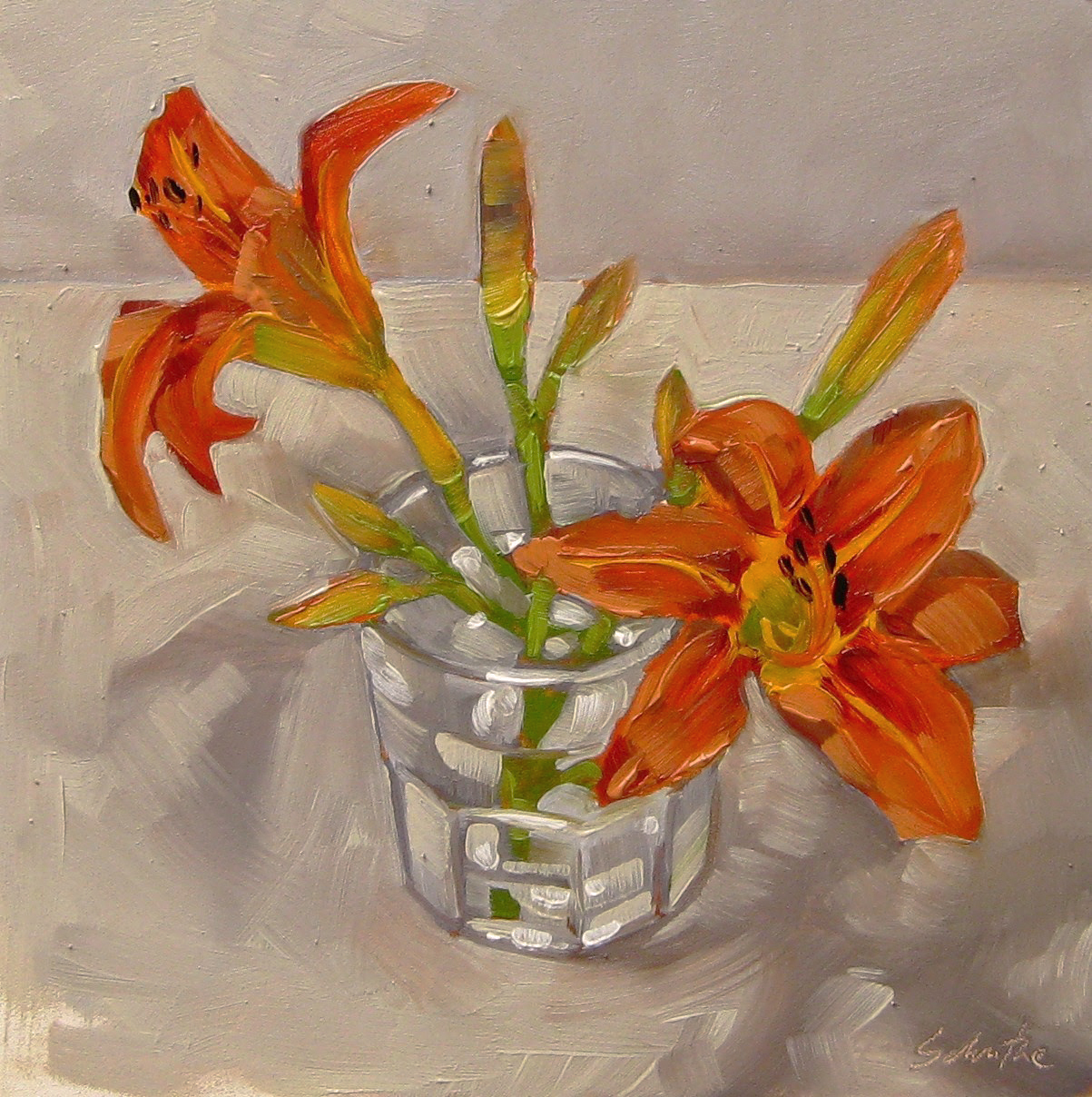 "Rainy Day Lilies", Oils on Gessobord, 6" x 6" SOLD