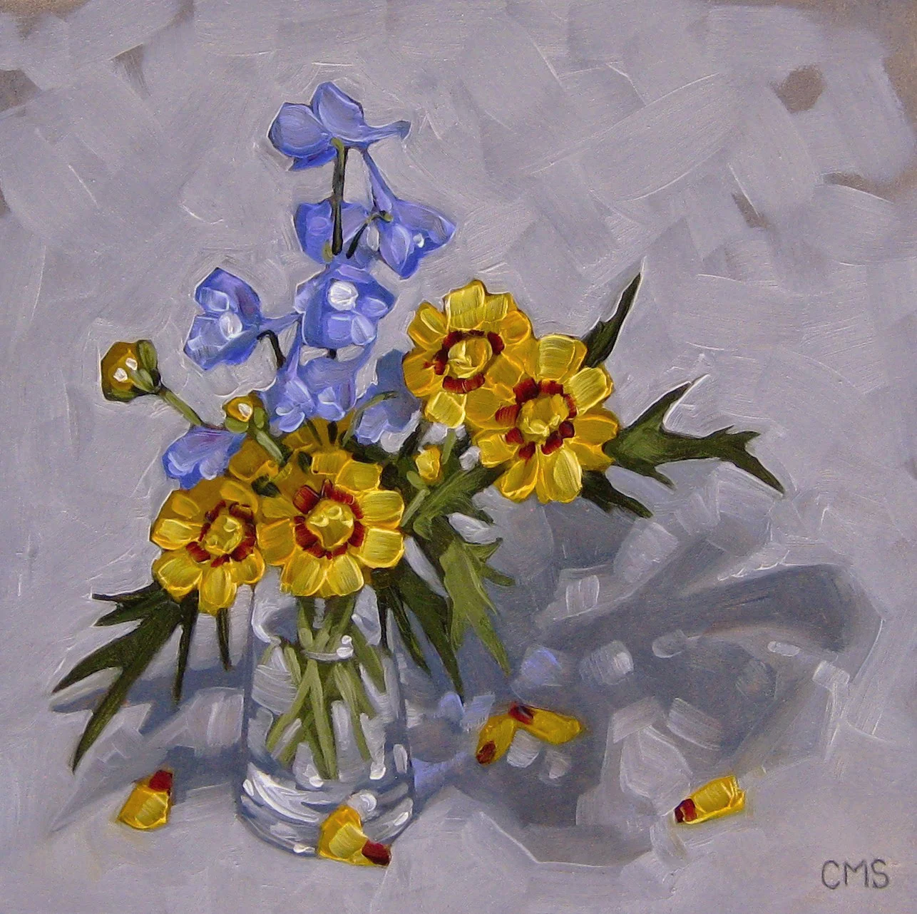 "Delphinium and Coreopsis", Oils on Gessobord, 6" x 6"
