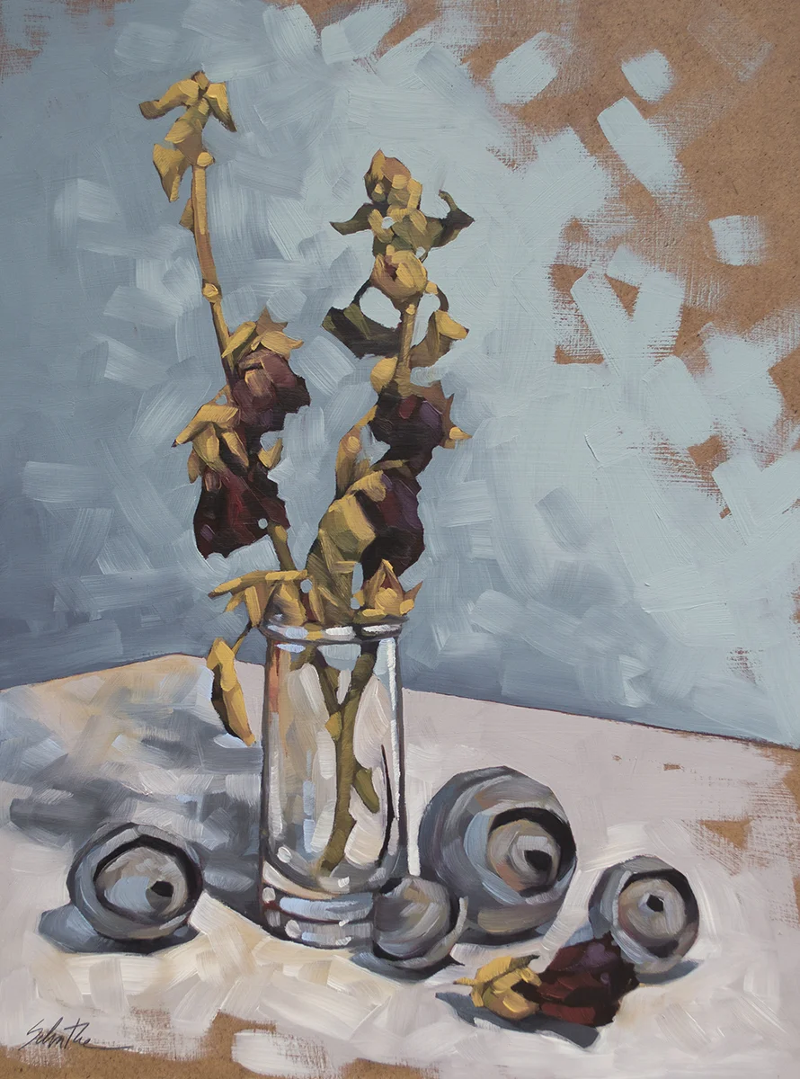 "Frozen Hollyhocks and Tiny Wasp Nests", Oils on Hardboard, 9" x 12".