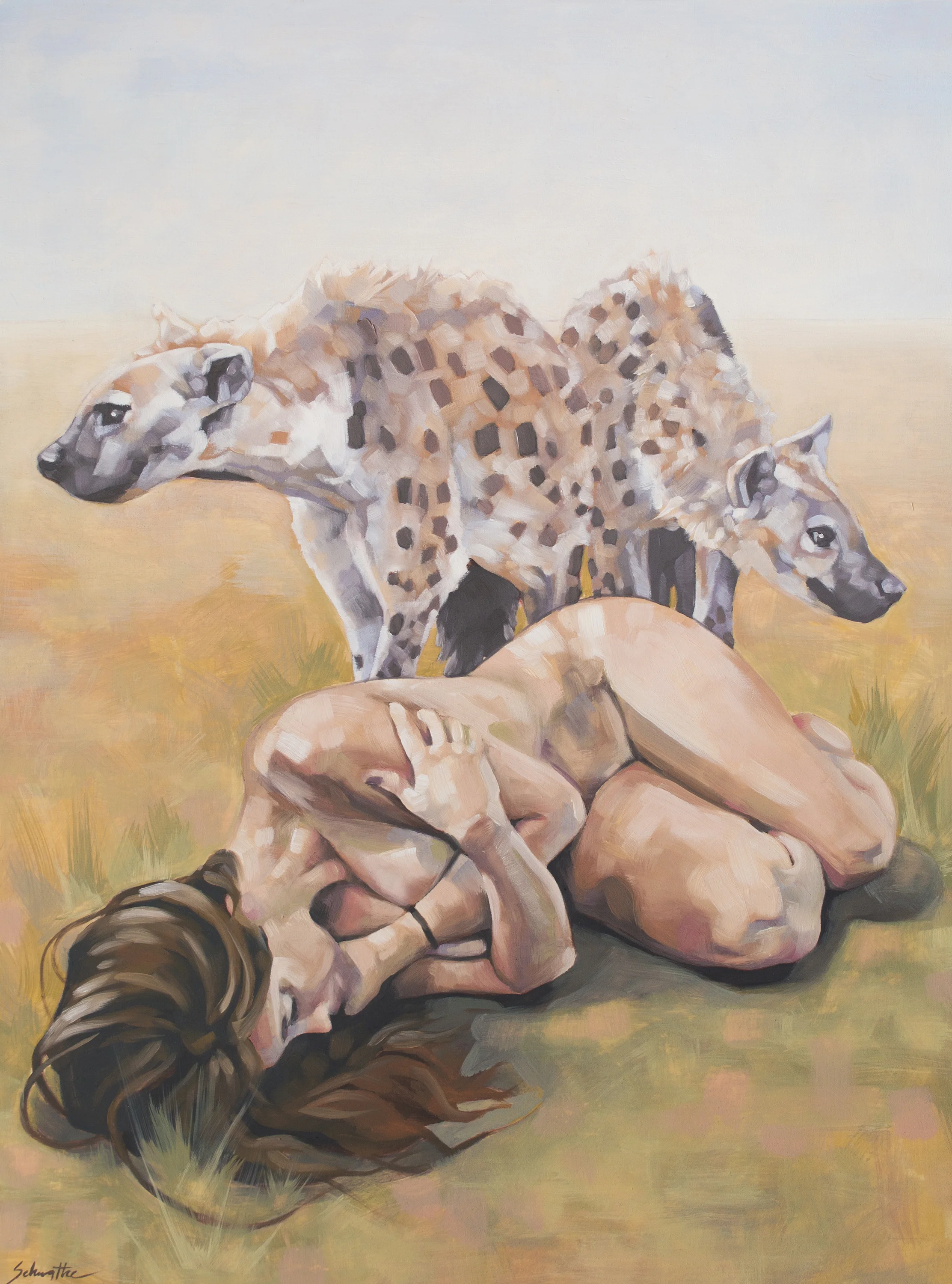 "Raised by Hyenas", Oils on Cradled Birch Wood Panel, 18" x 24" SOLD.