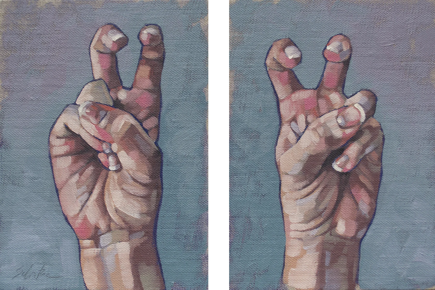 "Air Quotes" Diptych, Oil on Linen Panels, 5" x 7" each. SOLD.