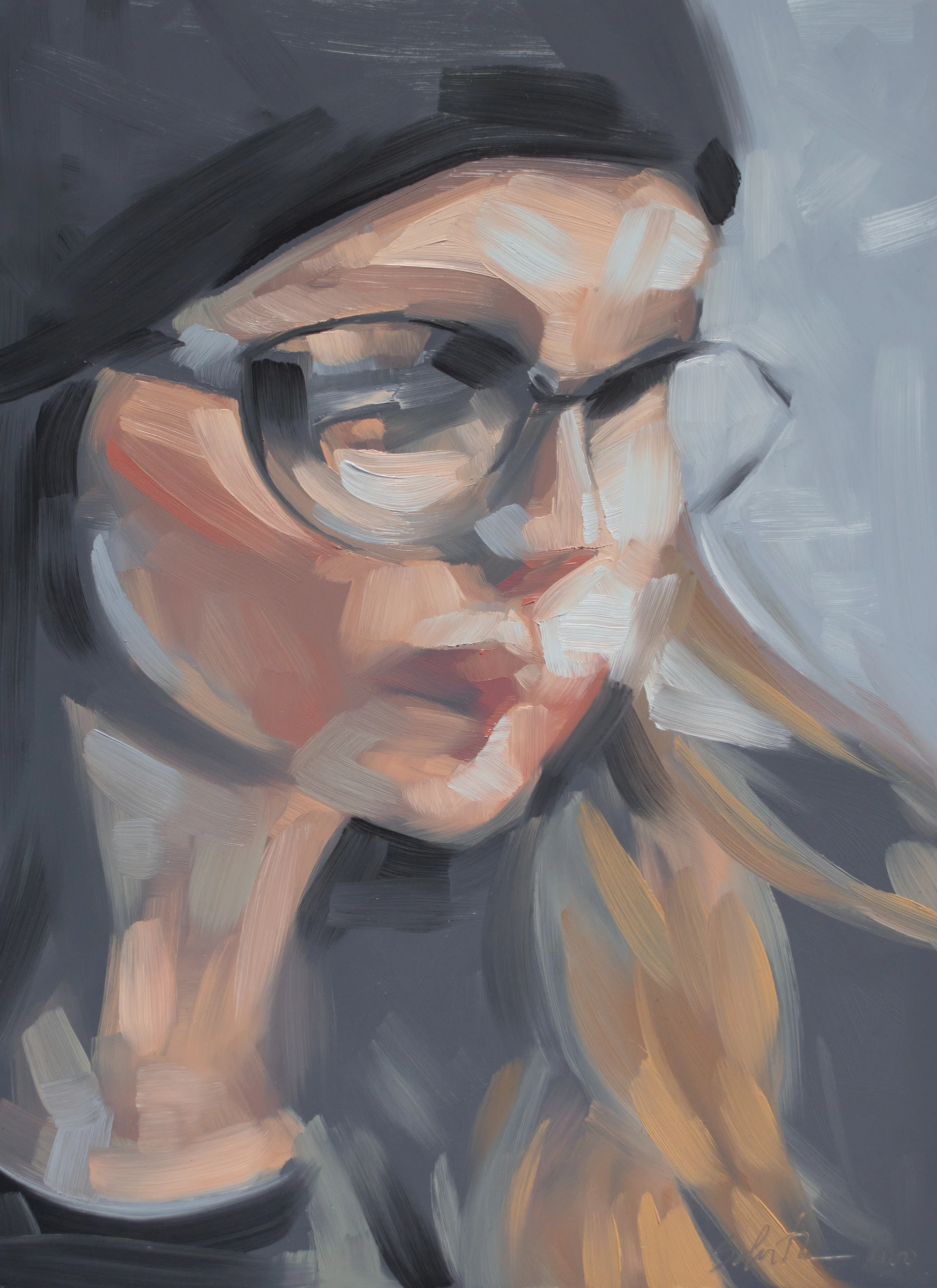 "Head 1/100", Oils on Dura-lar, 9" x 12".