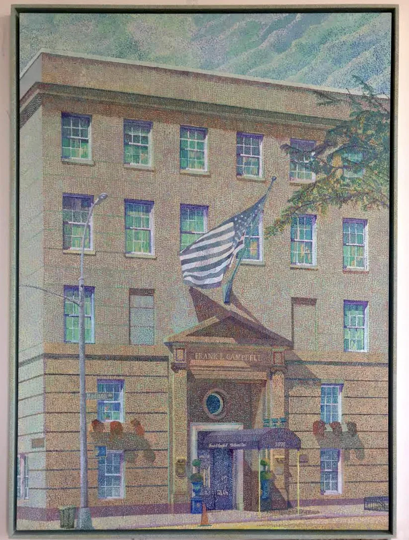 Frank E. Campbell (Noon), 2018, oil on linen painted wood frame, 66 x 47 inches (167 x 119 centimeters)
