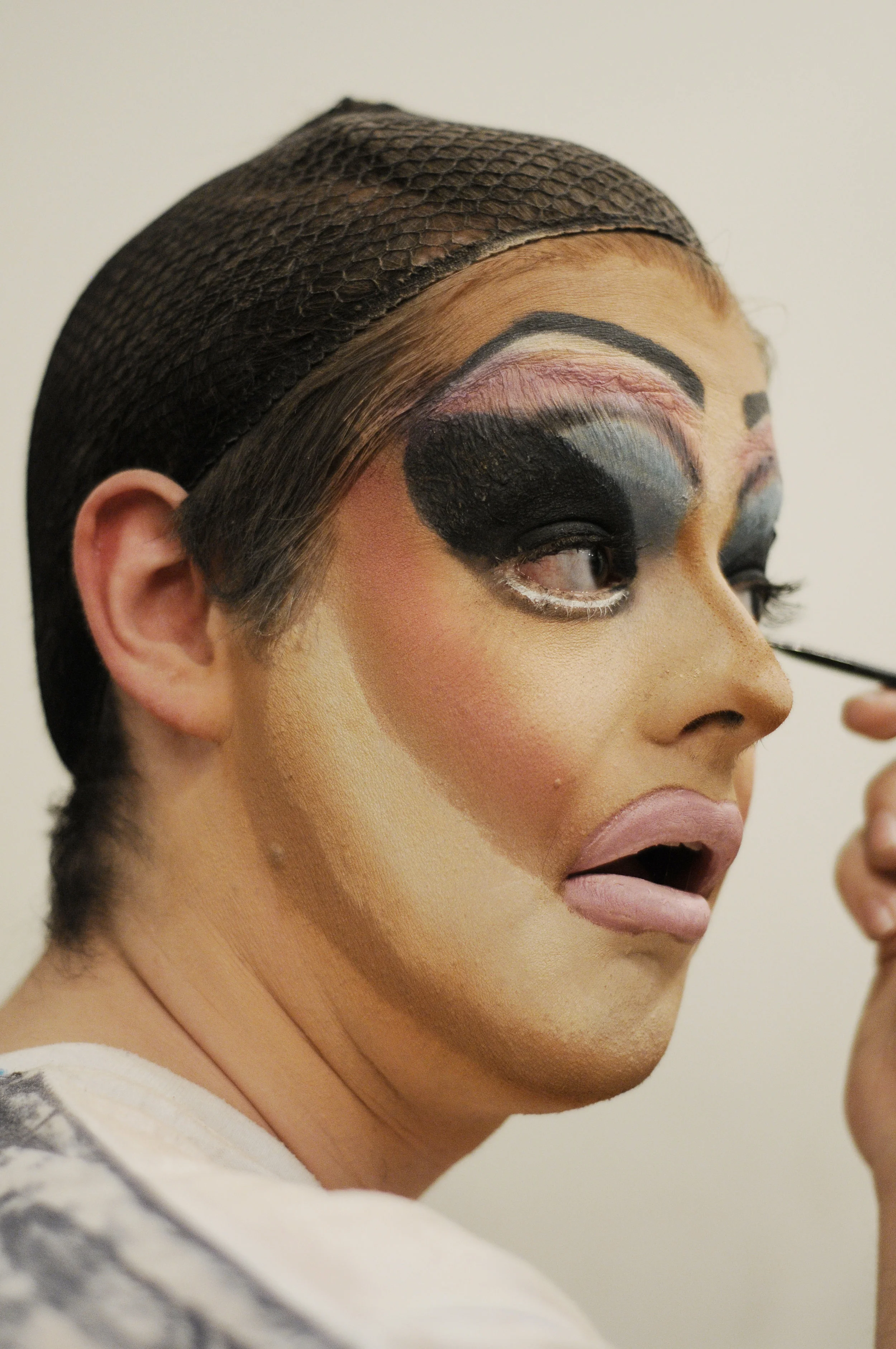  James gets ready for his Thursday night performance backstage at Yin Yang Night Club in Columbia, Mo. on April 7, 2016. He usually begins makeup and hair 3 1/2 hours before showtime,&nbsp;starting with covering his eyebrows by using glue and flatten