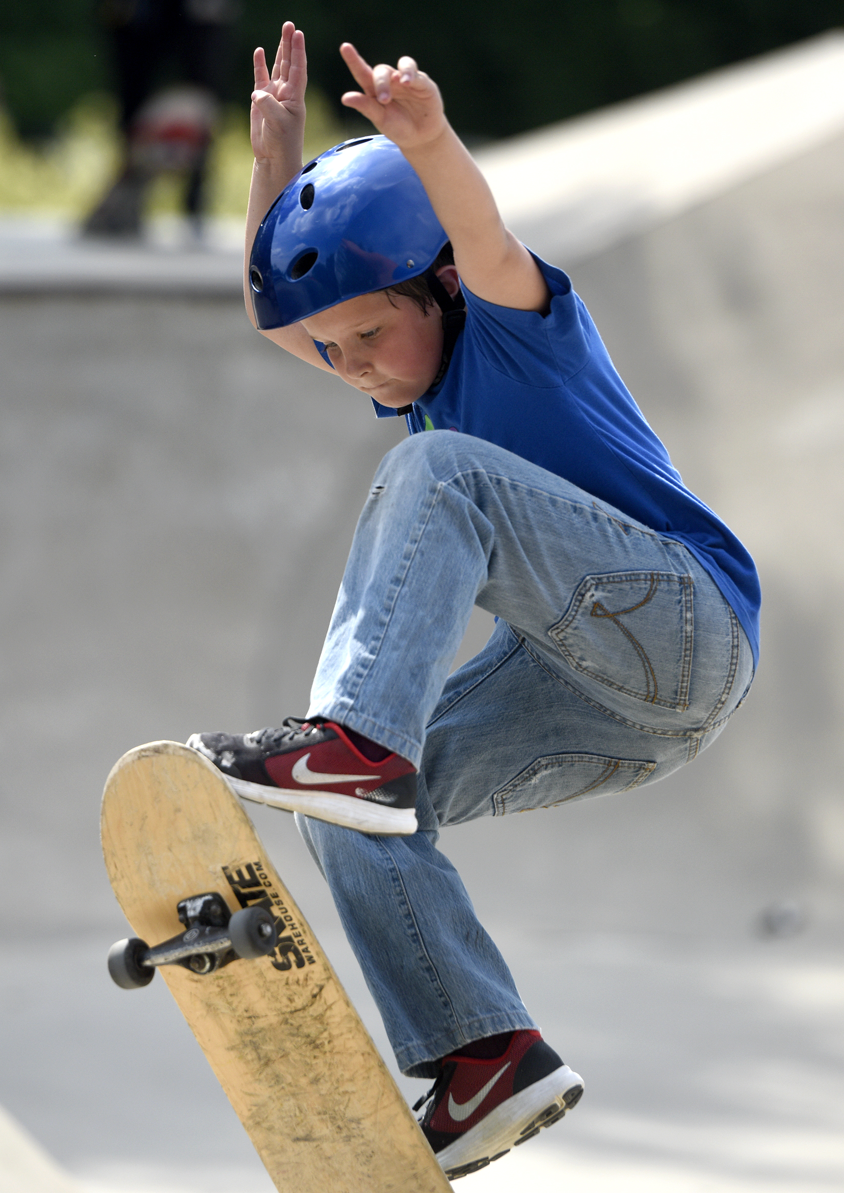 Skateboarder Sawyer Bollow, 8, catches air during Shred Fest at Columbia Skate Park in Cosmo Park on Saturday, June 3, 2017. Shred Fest is an annual skateboarding event that promotes head safety and clean fun. 