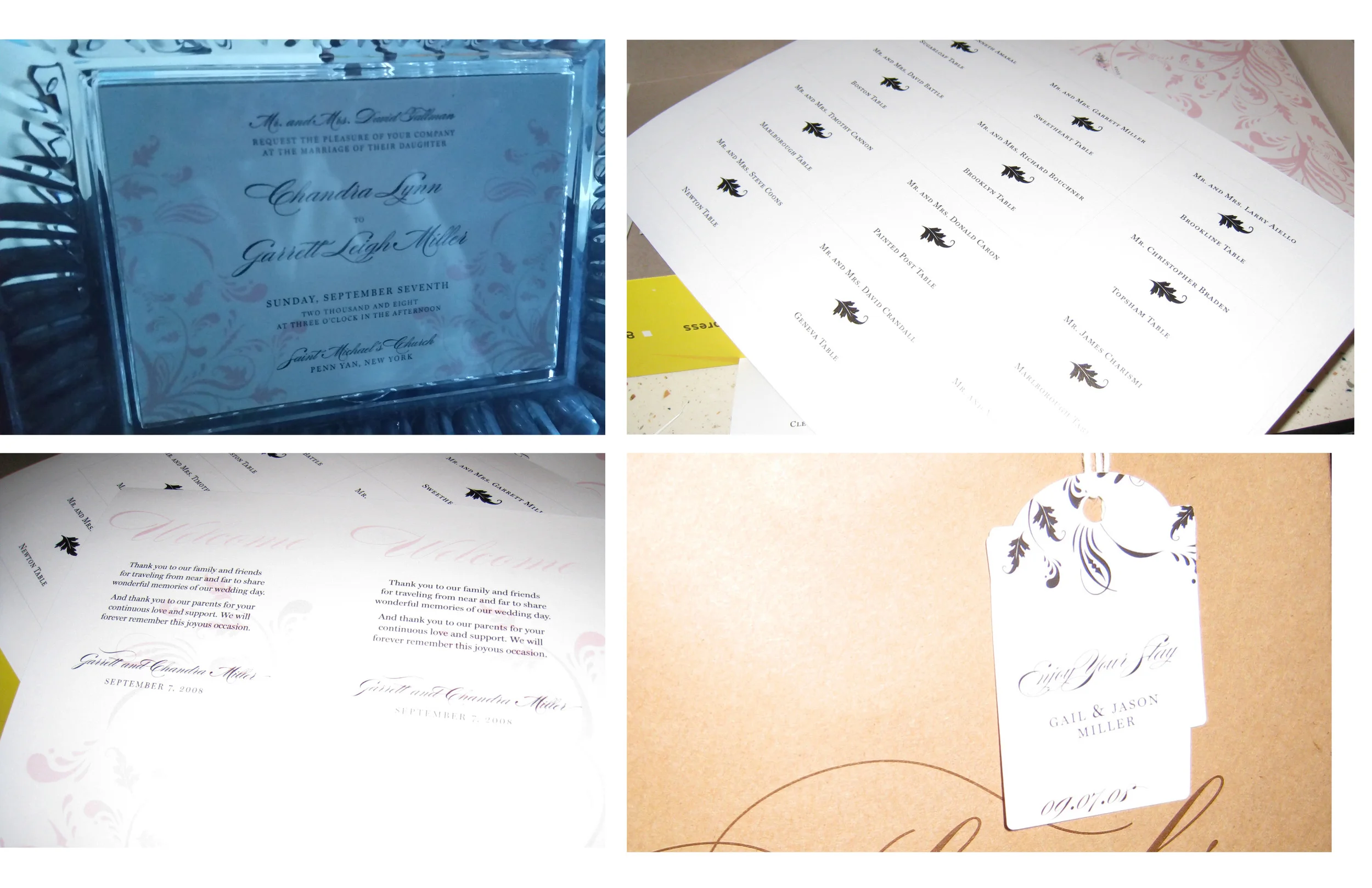 Clockwise from Top Left: Wedding Invitation, Placecards, Napkin Card for Reception, Out of Town Guest Tags