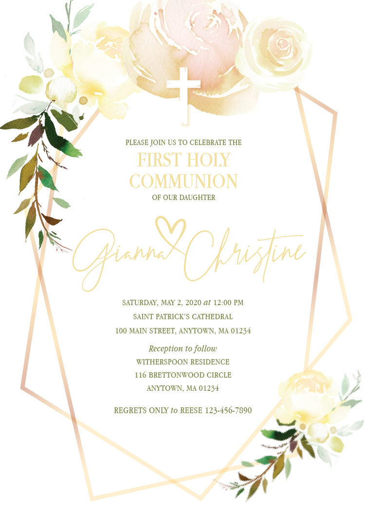 First Communion Flowers and Gold Frame