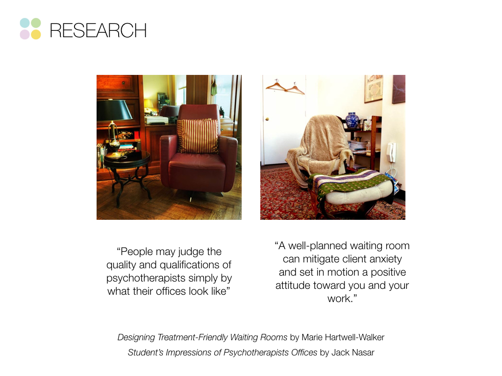 Secondary research conducted to understand the validity and scope of our project. We concluded that patients opinions will sway depending on the interior of the space. The image on the left is a top rated therapists office, and the right is a low rated office. There is heavy emphasis on privacy, soothing colors, and order.