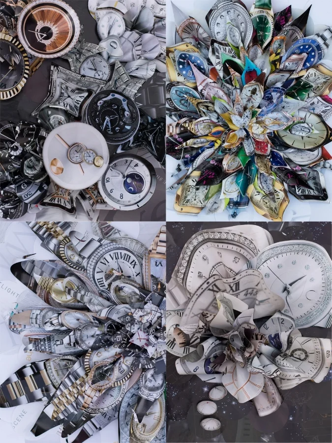 Marilyn McRae's paper time series from top left, clockwise,&nbsp;In the Moment, Spring forward,&nbsp;Timeless and Lost Time.