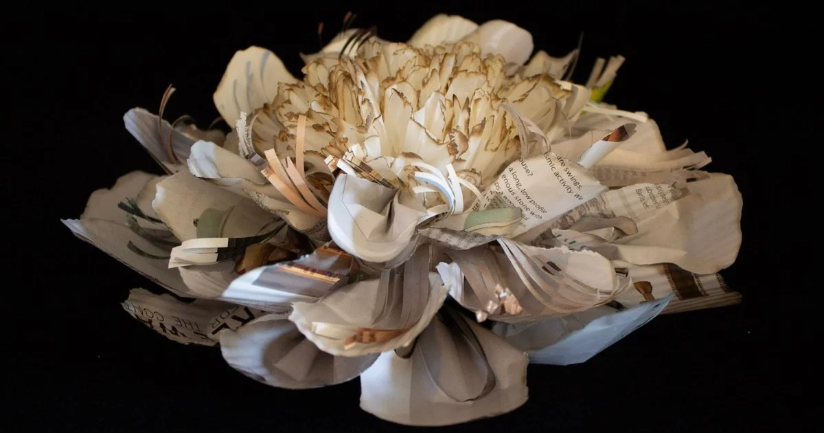 white peony, original paper art by marilyn mcrae explores the intersection of nature and materiality—where the ephemeral becomes enduring, and the ordinary is elevated through craftsmanship.