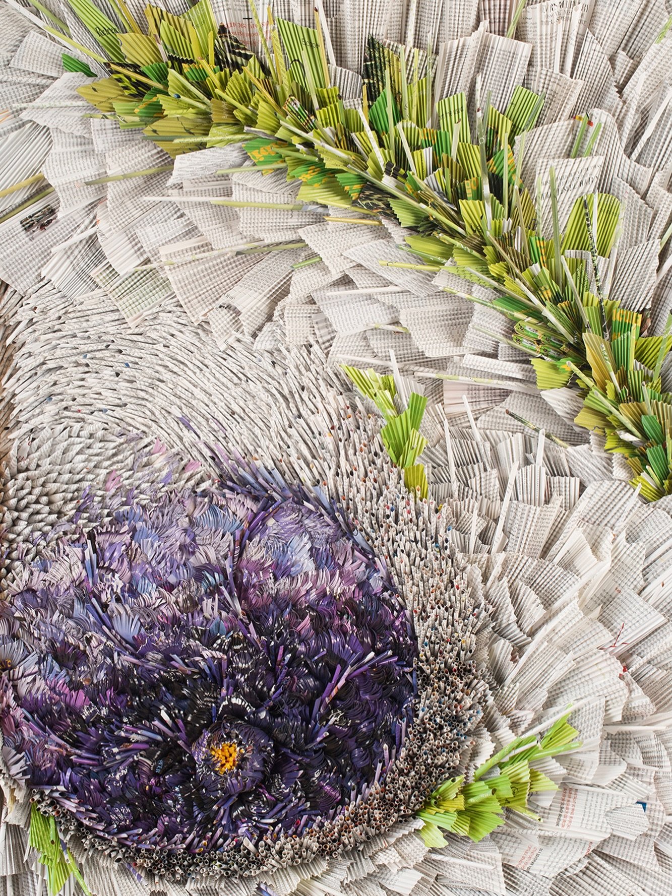 Purple Bloom, detail, transforms discarded pages into a dimensional floral composition, revealing the beauty, texture, and unexpected possibilities of paper.

Framed at 34.75&rdquo;W &times; 49.25&rdquo;H &times; 4.50&rdquo;D, this original artwork m