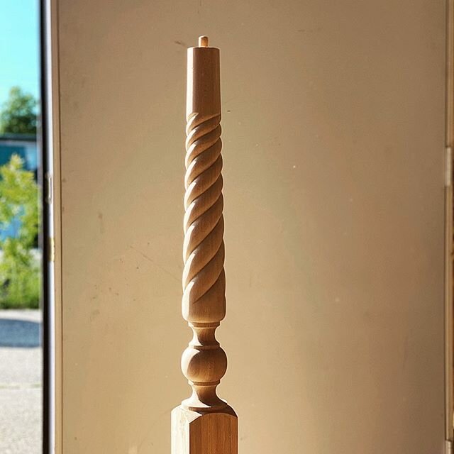 Newel post with carved rope twist in reclaimed beech. For Venture Stairbuilding and @eider_inc