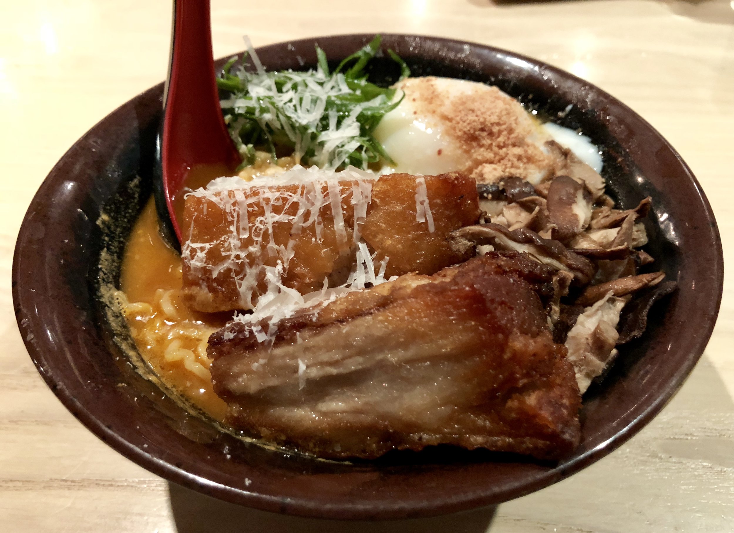  Pictured: MW Ramen with spicy tare, pork belly, shiitake, scallion, country ham 
