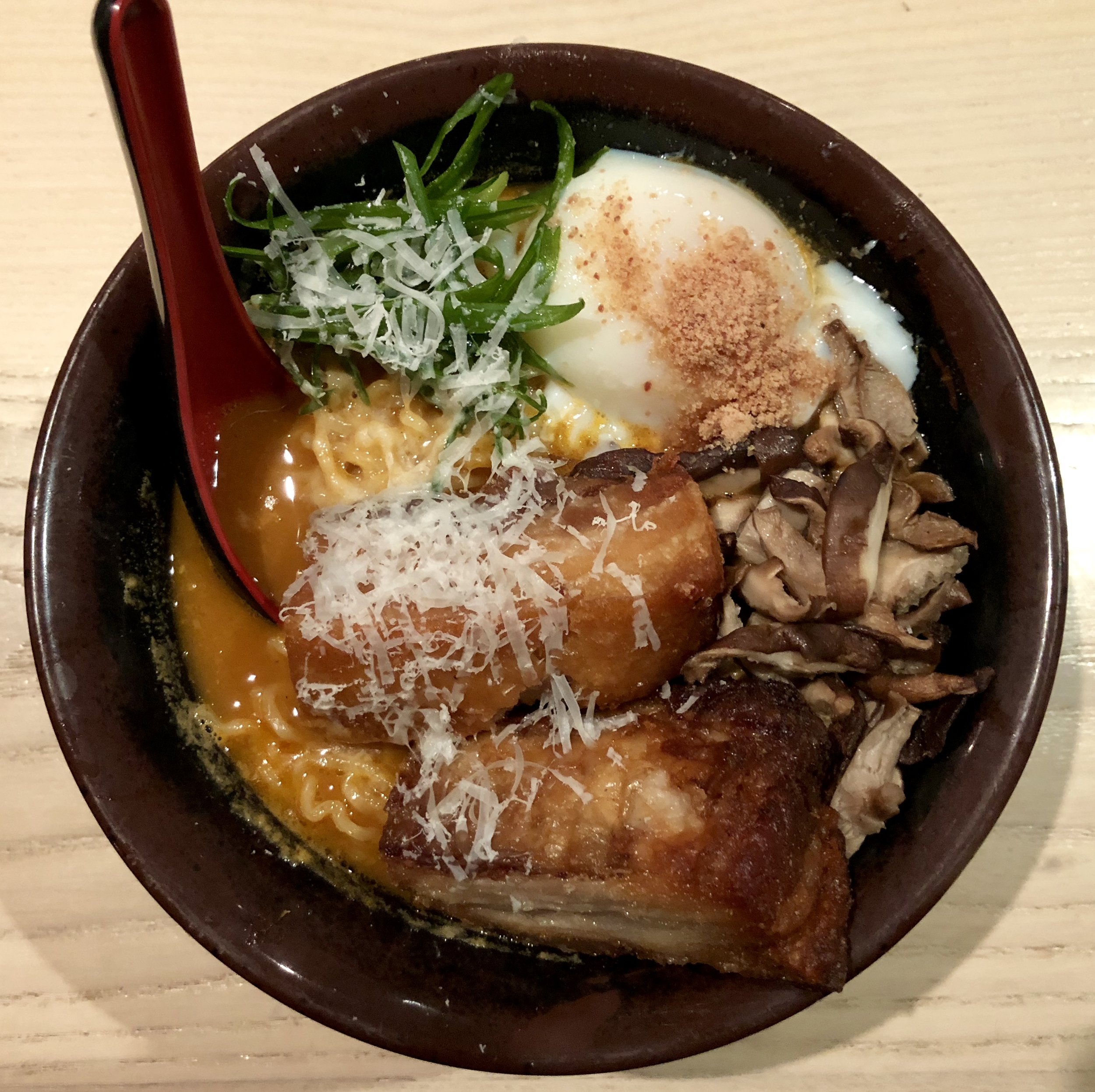  Pictured: MW Ramen with spicy tare, pork belly, shiitake, scallion, country ham 