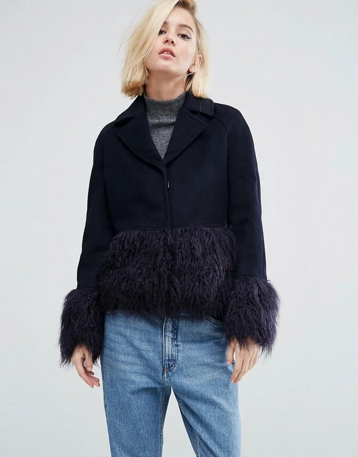 Asos Lost Ink structured coat w/faux fur sleeves