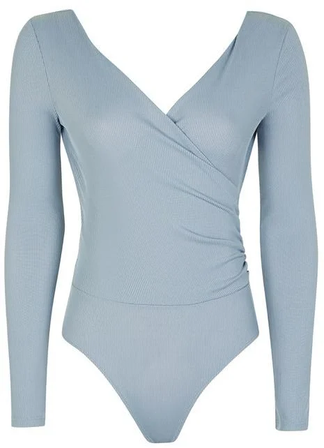 Topshop wrap bodysuit in dusty blue